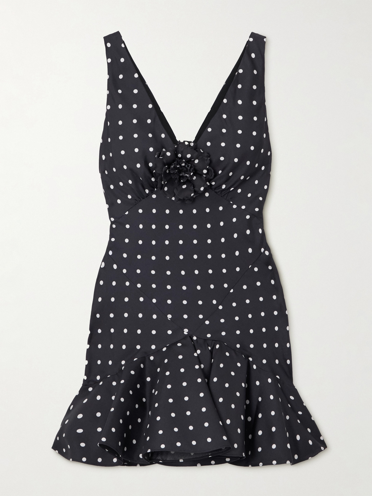 Rodarte Flower-detailed Polka-dot Silk-twill Mini Dress In Black