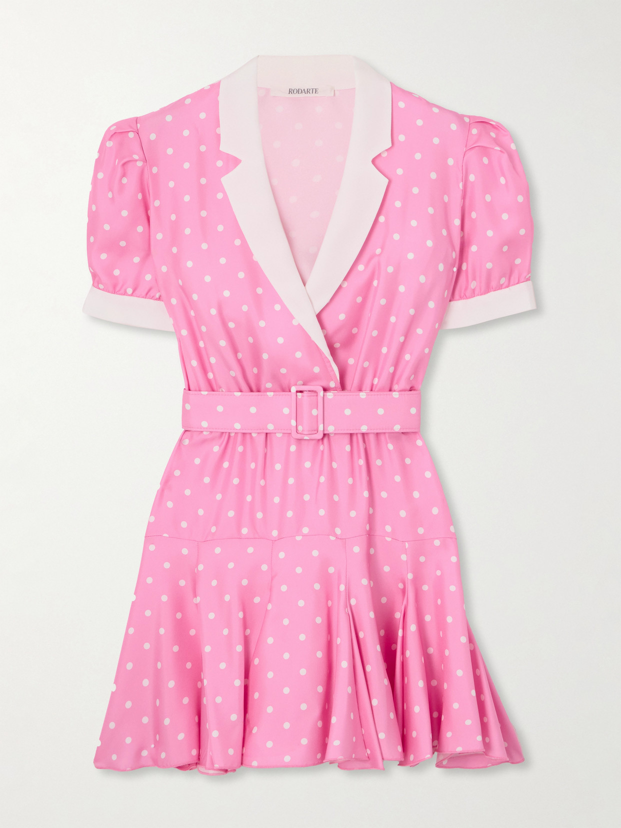Rodarte Belted Wrap-effect Pleated Polka-dot Silk-twill Mini Dress In Pink