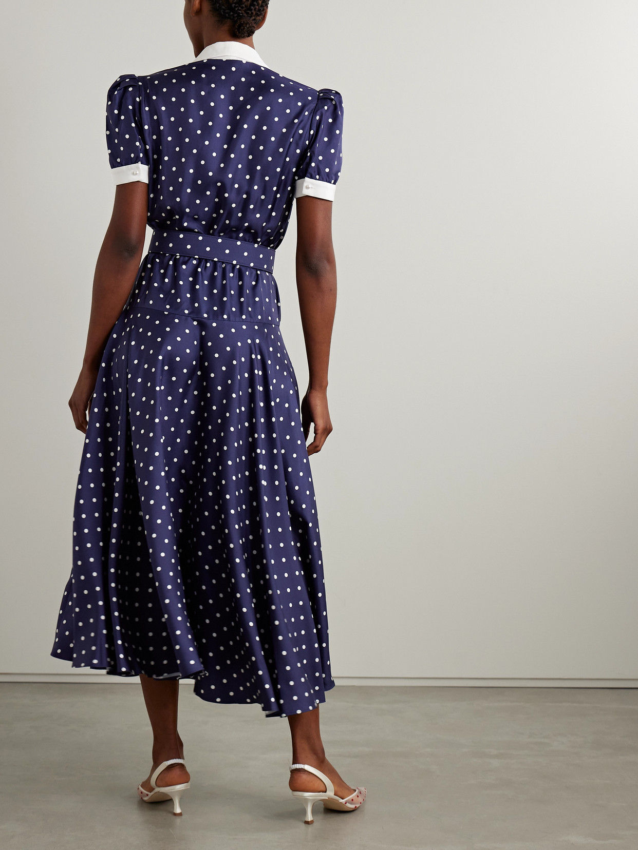 Rodarte Belted Crepe De Chine-trimmed Polka-dot Silk-twill Midi Dress In Blue