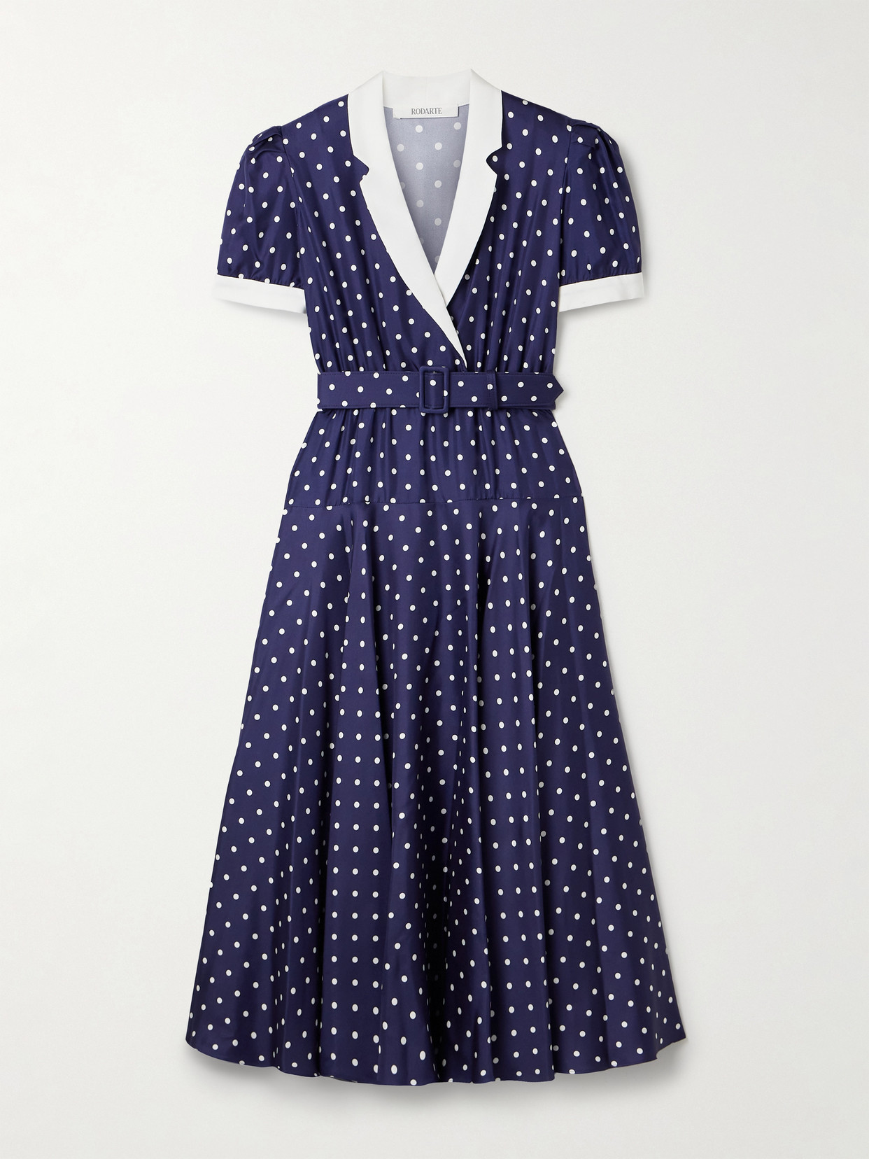 Rodarte Belted Crepe De Chine-trimmed Polka-dot Silk-twill Midi Dress In Blue