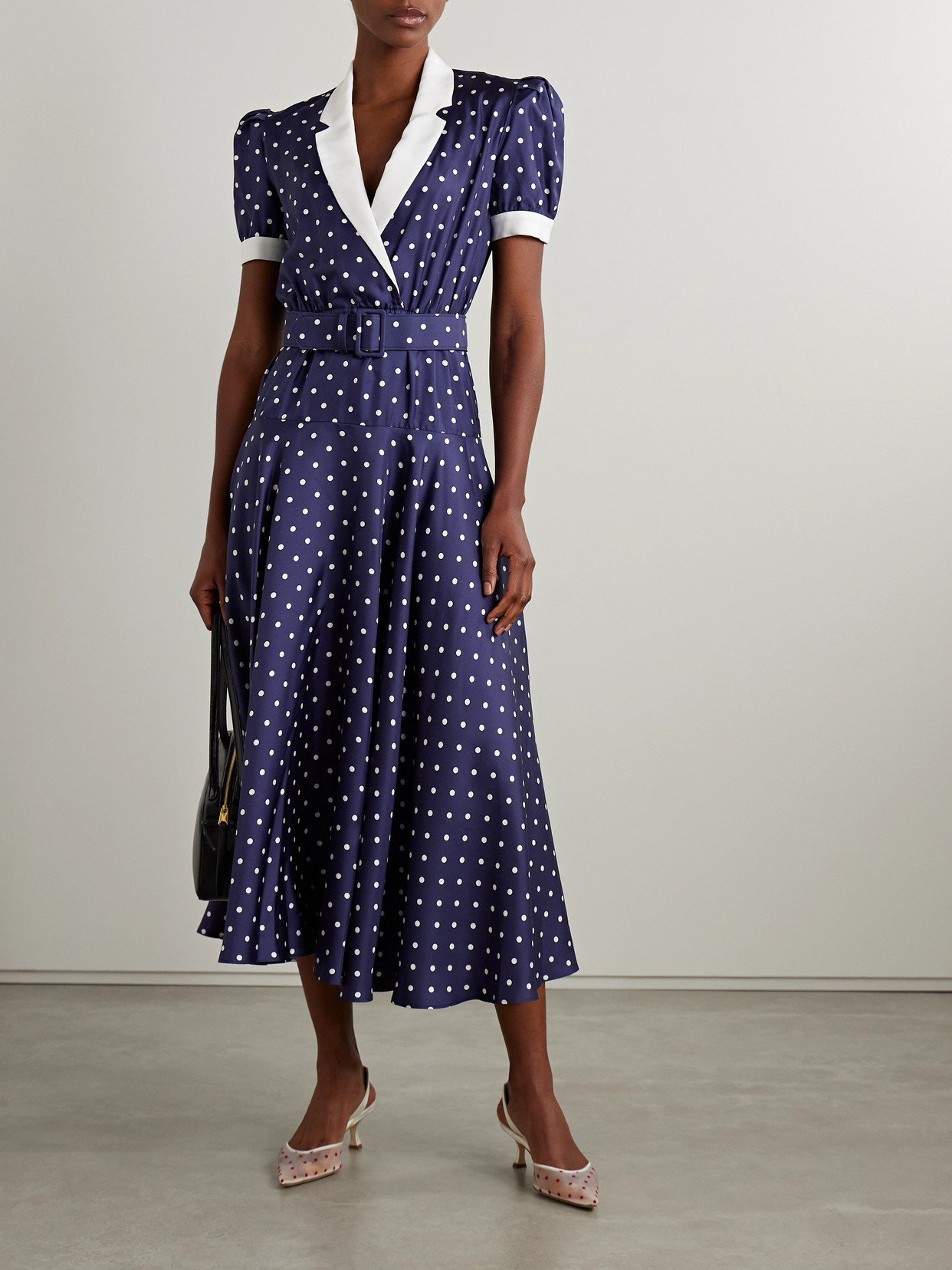 Rodarte Belted Crepe De Chine-trimmed Polka-dot Silk-twill Midi Dress In Blue