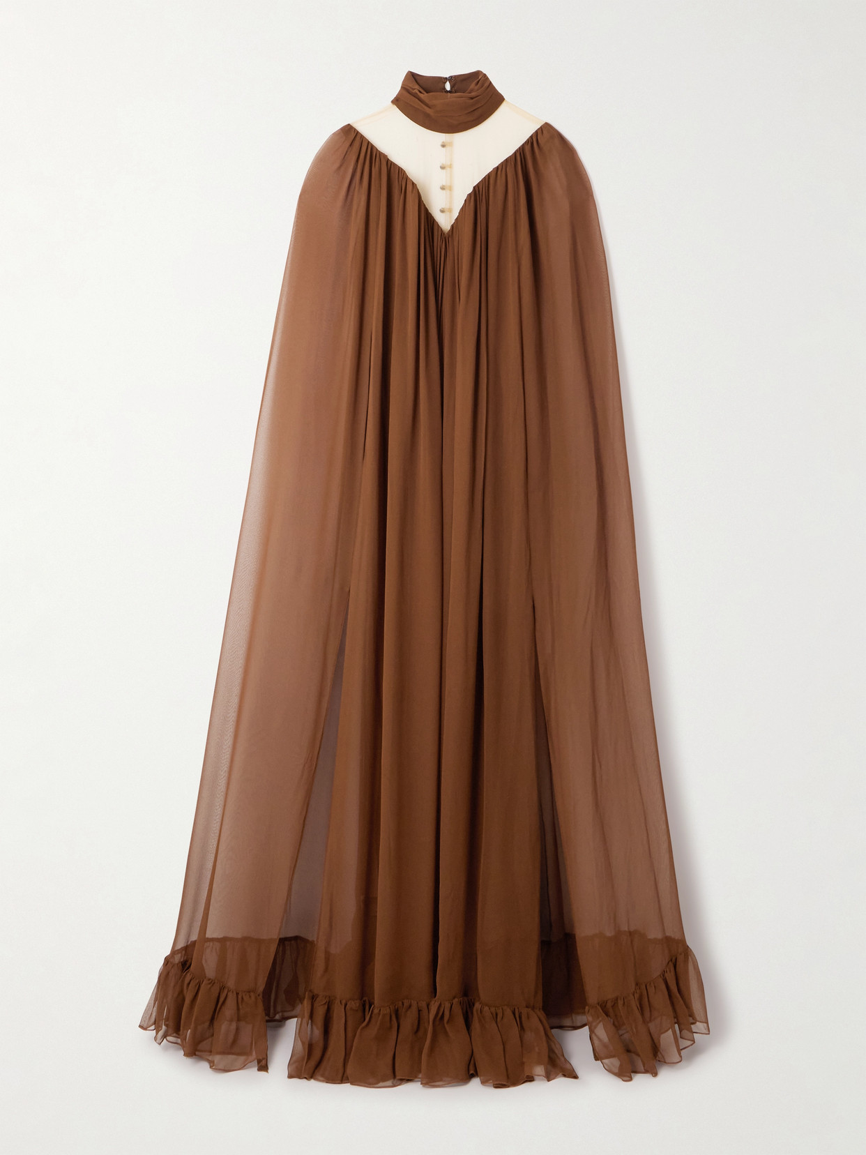 Rodarte Cape-effect Tulle-paneled Ruffled Silk-chiffon Gown In Brown