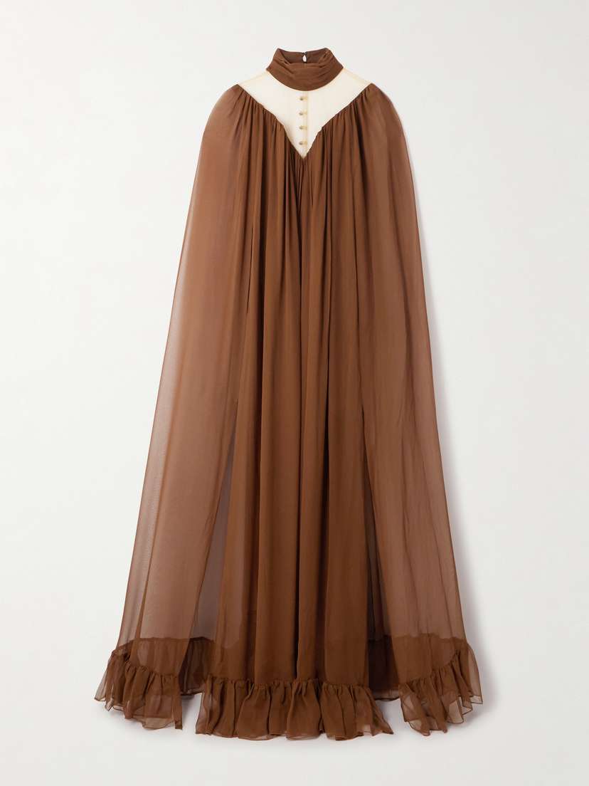 Rodarte Cape-effect Tulle-paneled Ruffled Silk-chiffon Gown