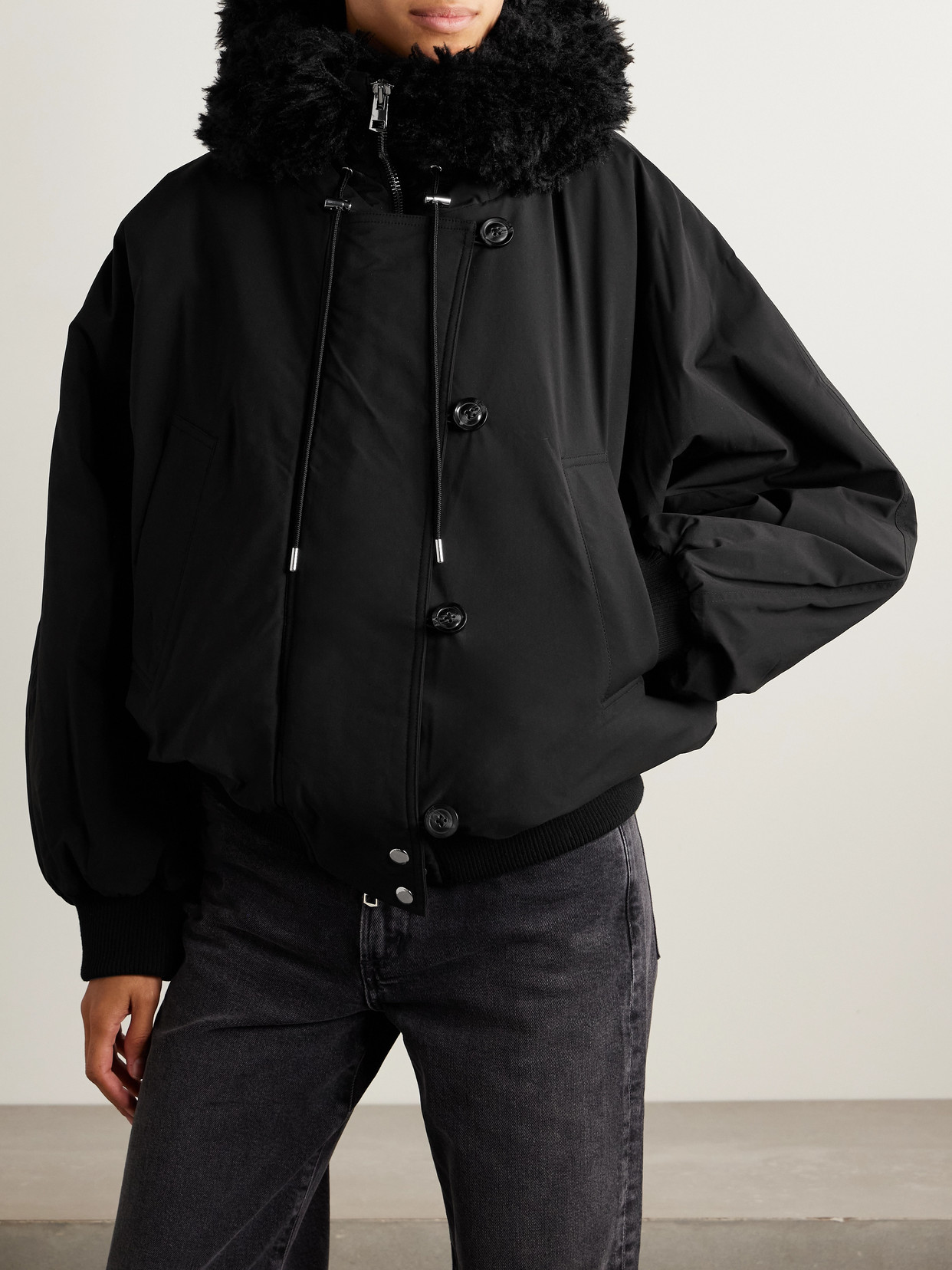 Agolde Camberly Fleece-trimmed Shell Hooded Coat In Black