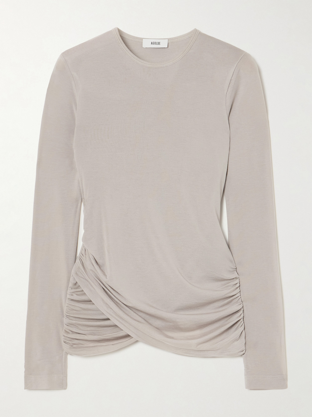 Agolde Eve Twist Ruched Draped Stretch-lyocell Jersey Top In Neutral