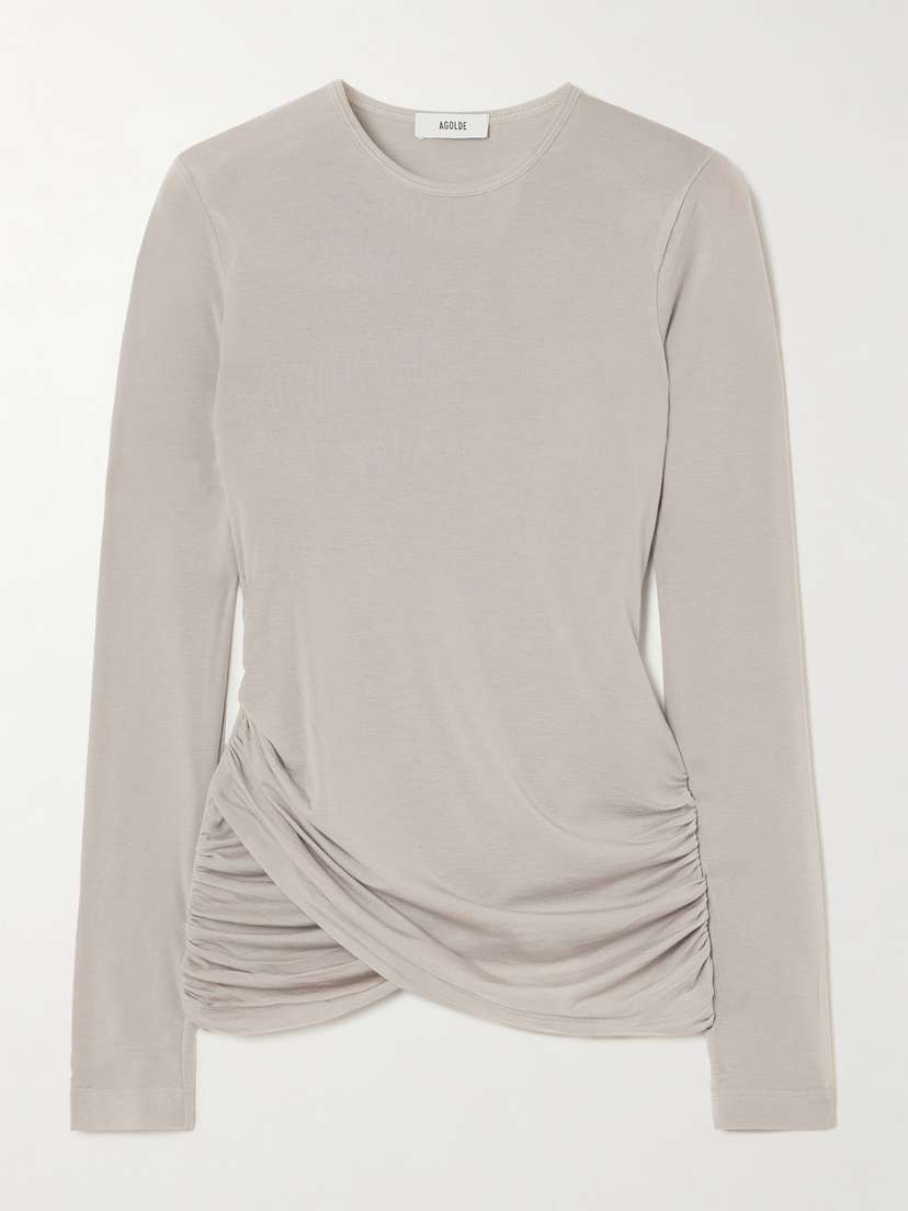 AGOLDE Eve Twist Ruched Draped Stretch-lyocell Jersey Top