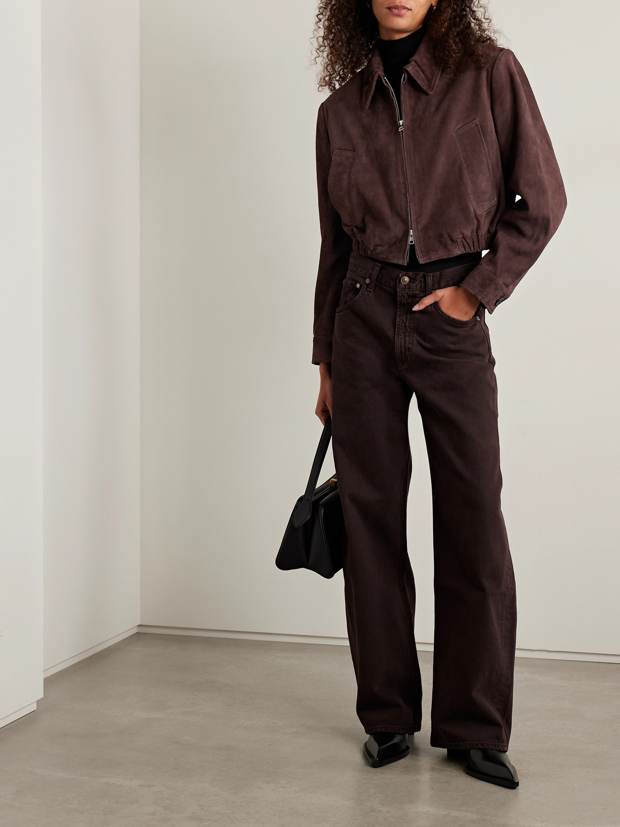 Agolde Nahla Cropped Suede Jacket In Brown