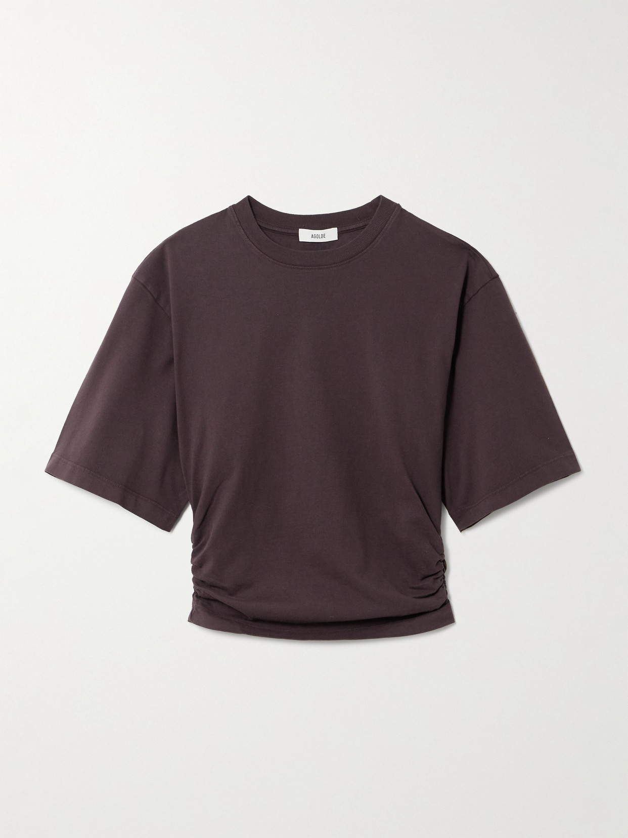 Agolde Shari Ruched Cotton-jersey T-shirt In Brown