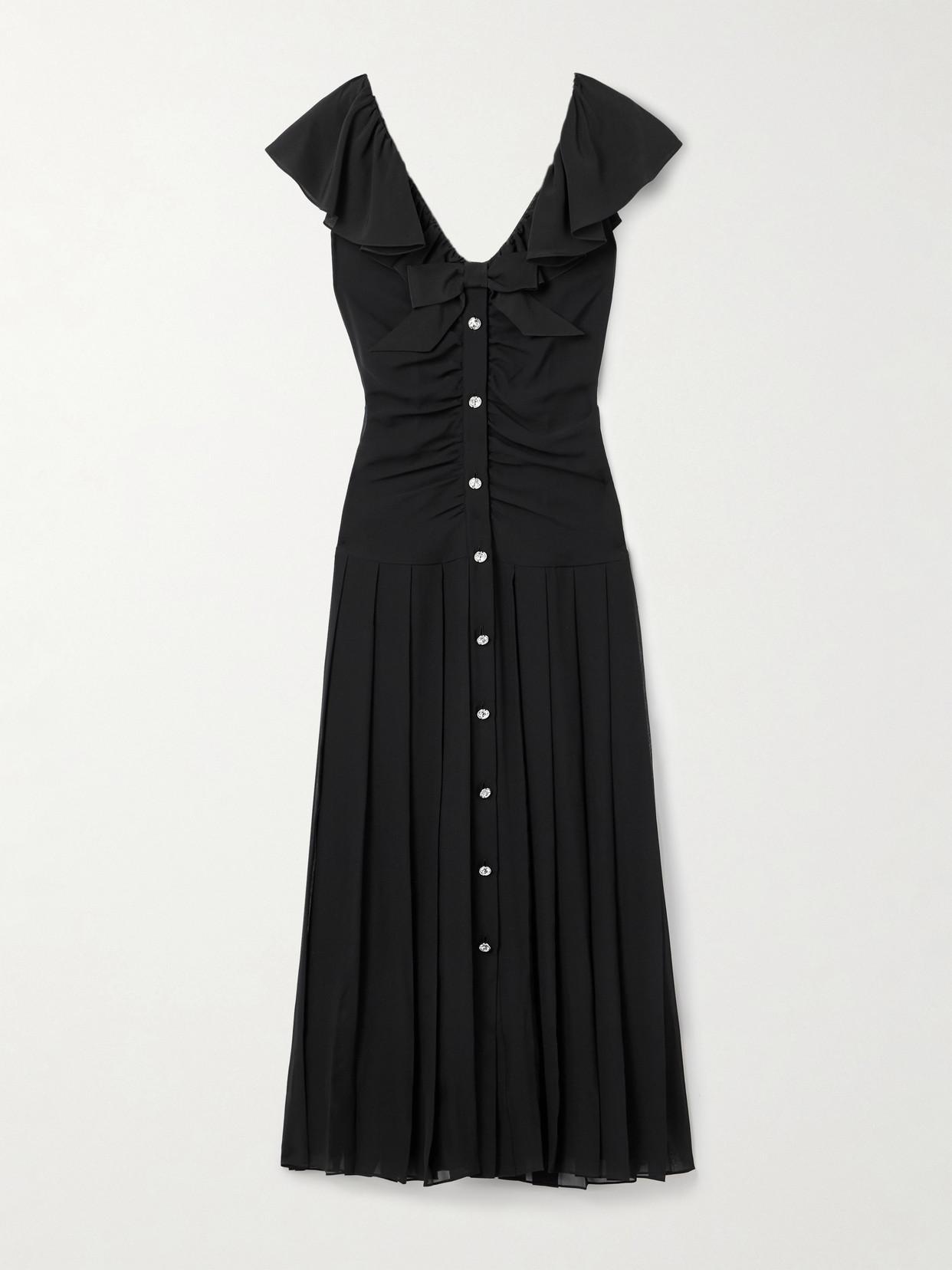 Alessandra Rich Embellished Pleated Gathered Silk Crepe De Chine Midi Dress In Black
