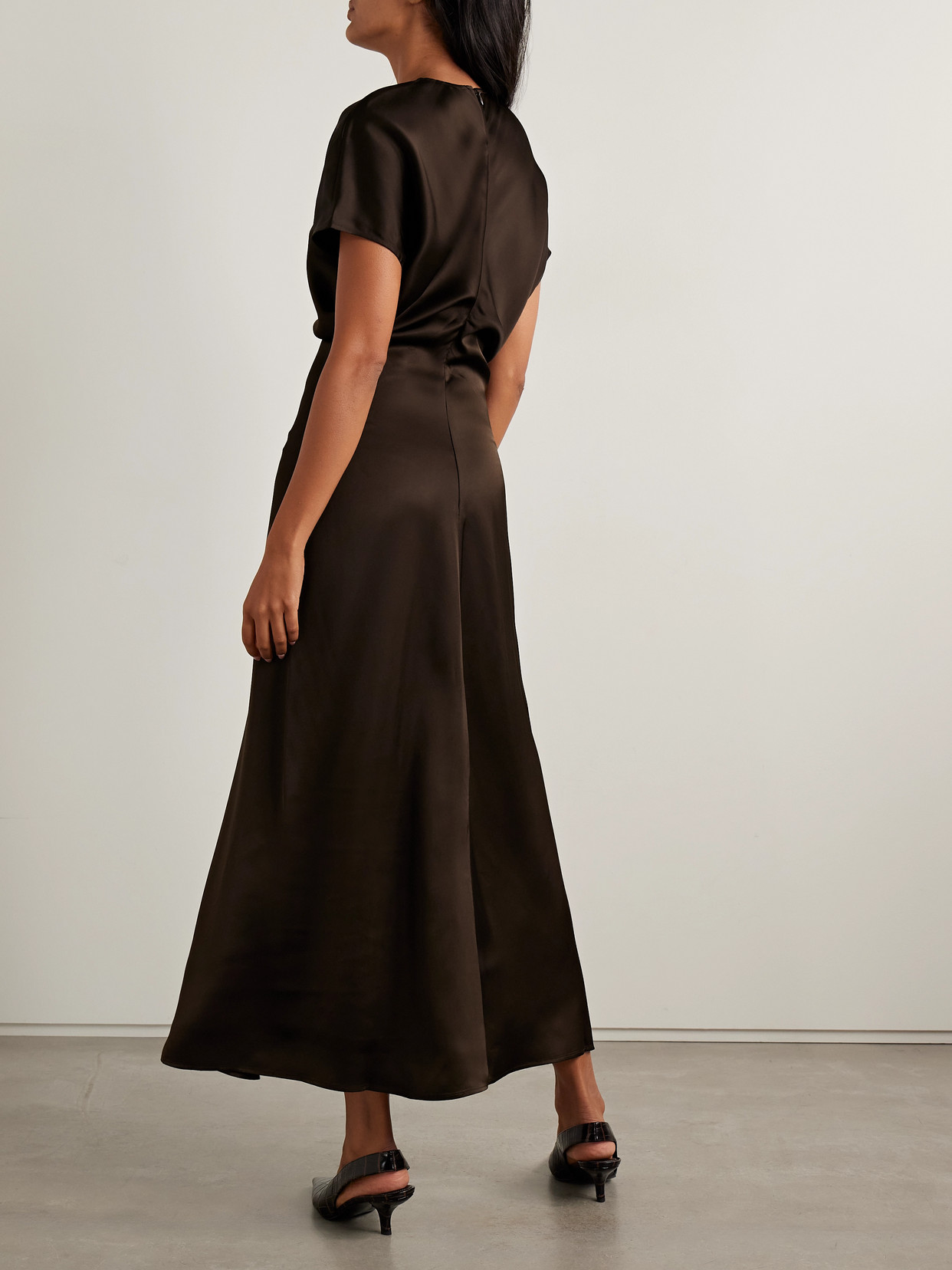Totême Draped Satin Maxi Dress In Brown