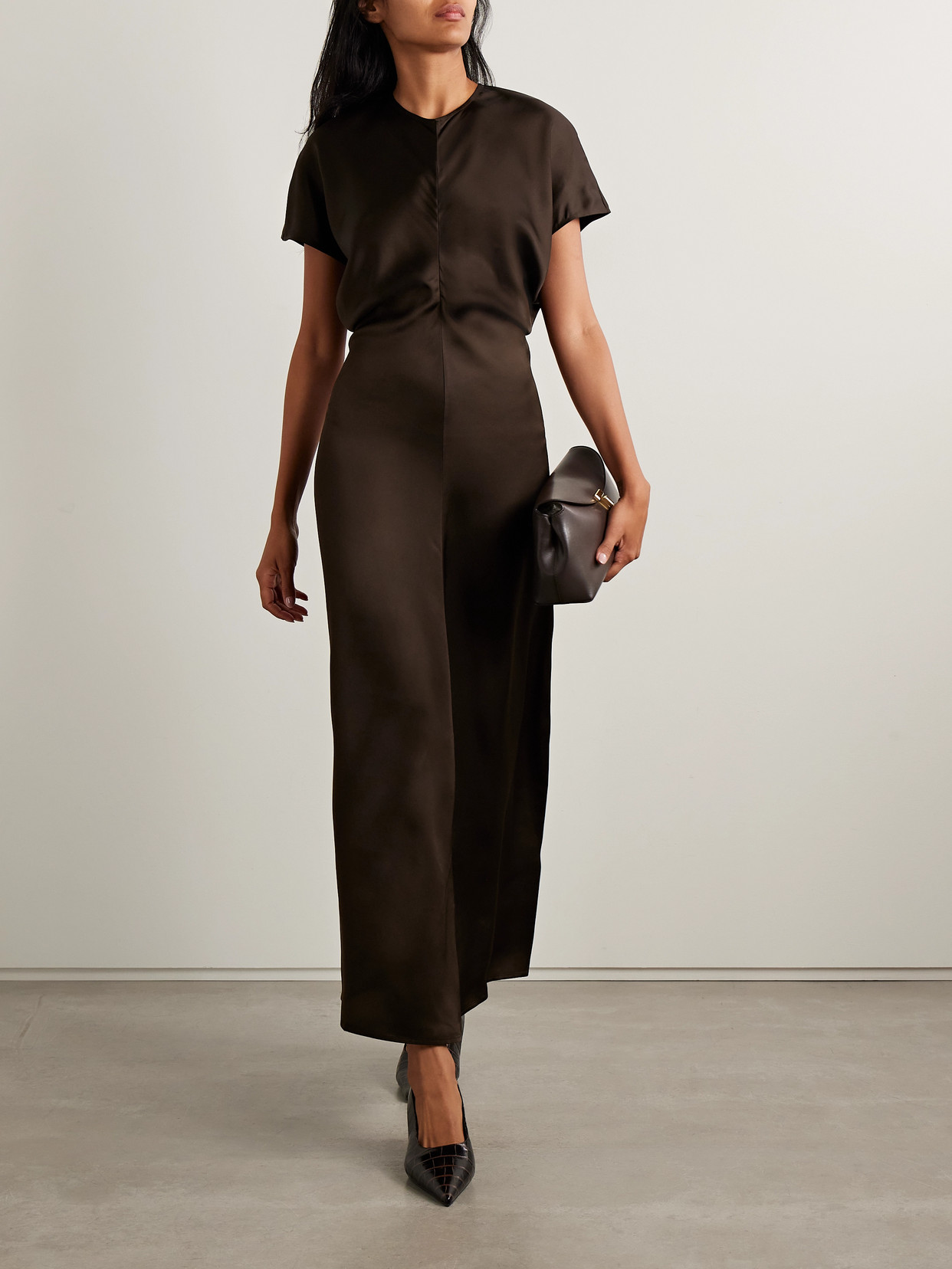 Totême Draped Satin Maxi Dress In Brown