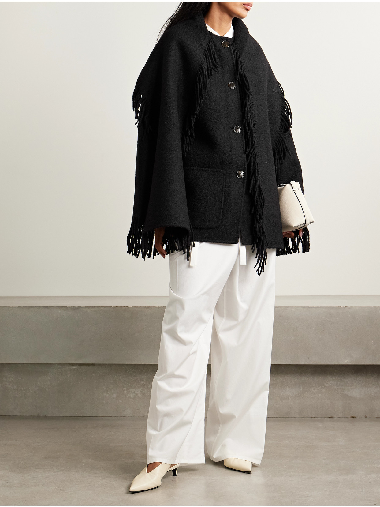 Totême Draped Fringed Wool-blend Jacket In Black