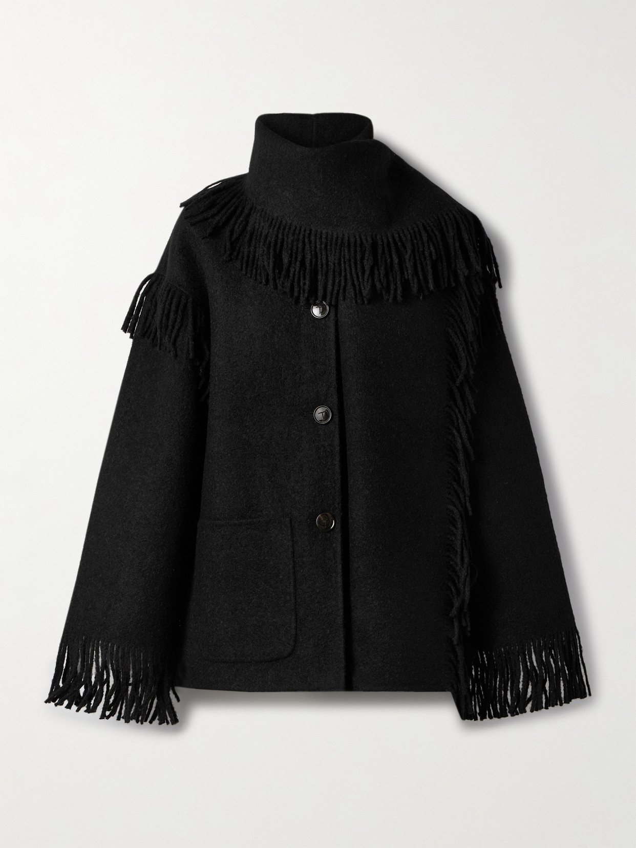 Totême Draped Fringed Wool-blend Jacket In Black