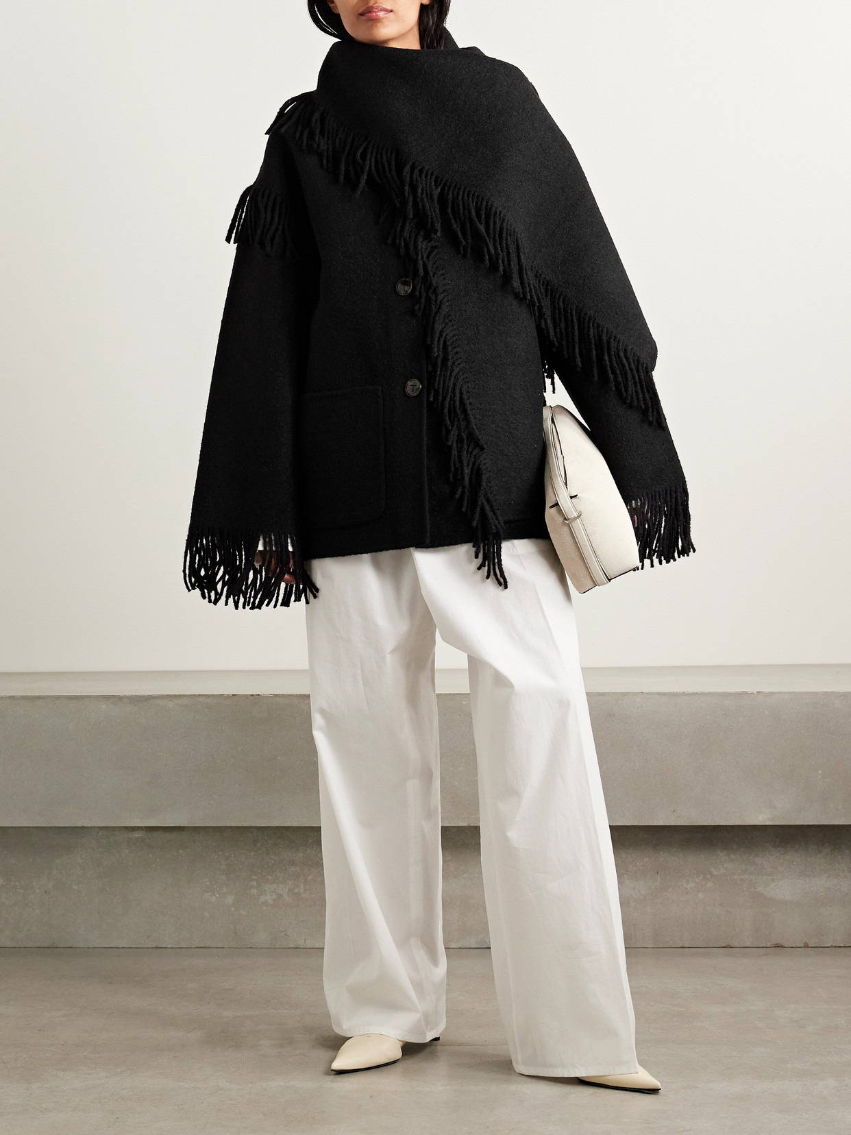 Totême Draped Fringed Wool-blend Jacket In Black