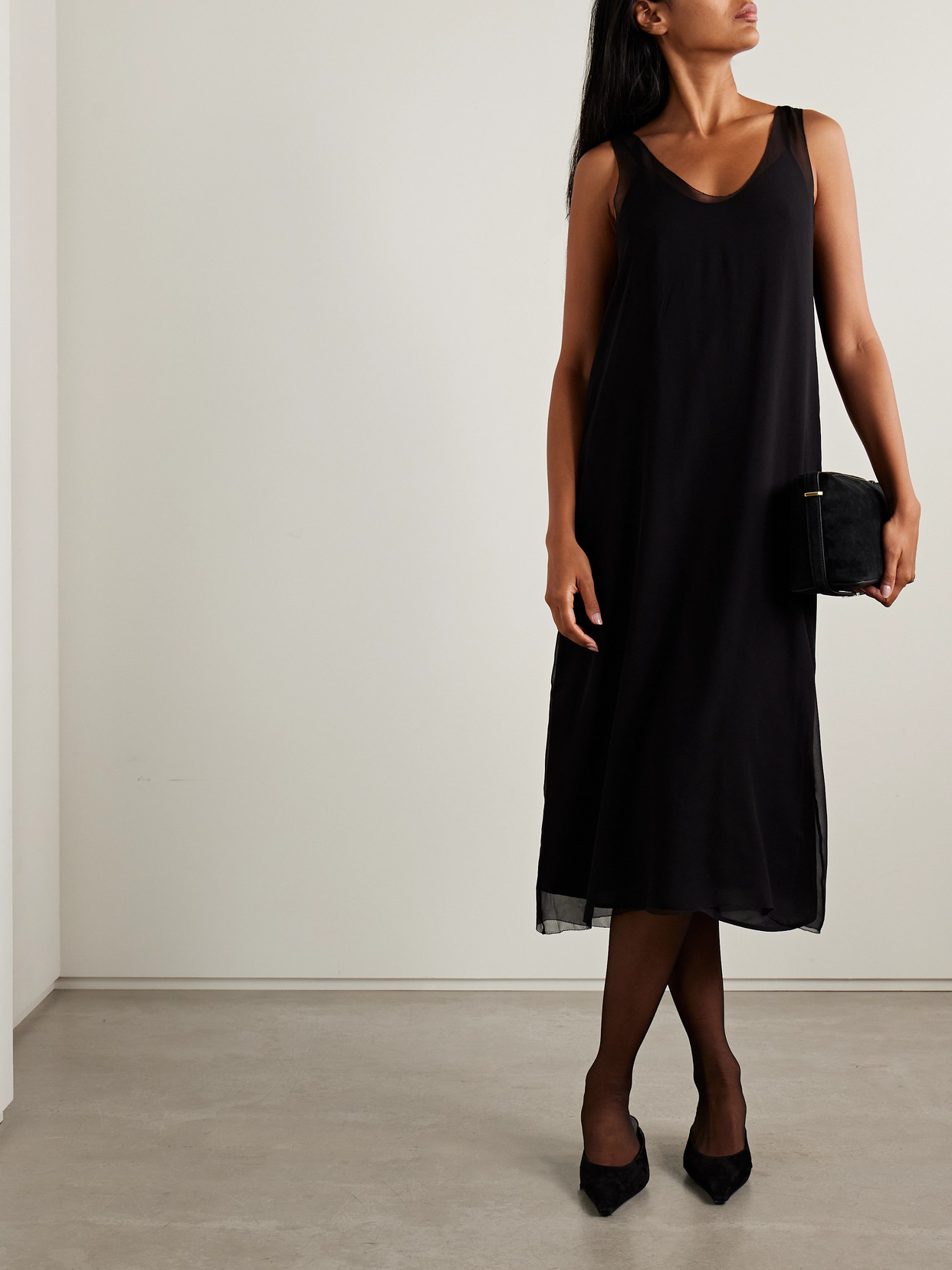 Totême Layered Silk-chiffon Midi Dress In Black