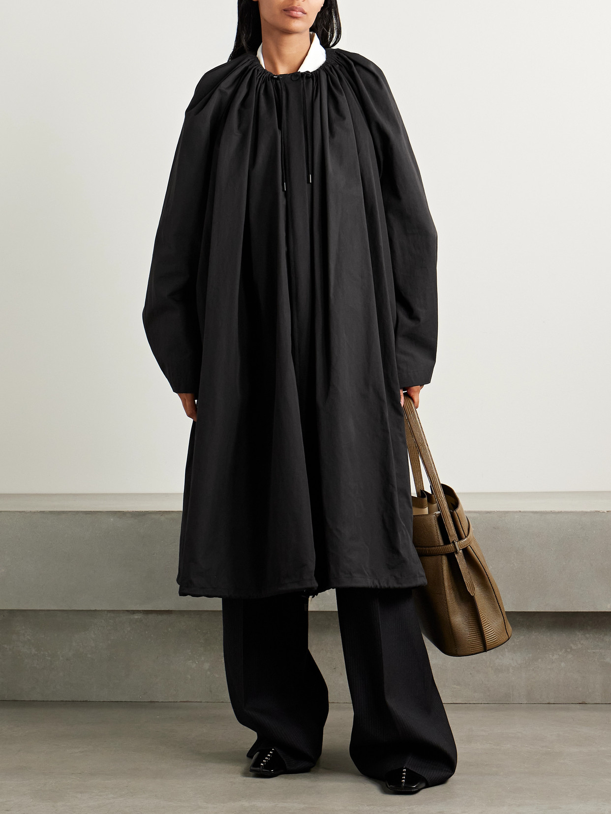 Totême Oversized Gathered Organic Cotton-blend Coat In Black