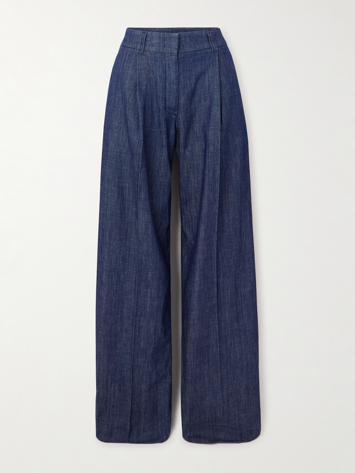 Another Tomorrow Pleated Organic Cotton-chambray Wide-leg Pants In Blue