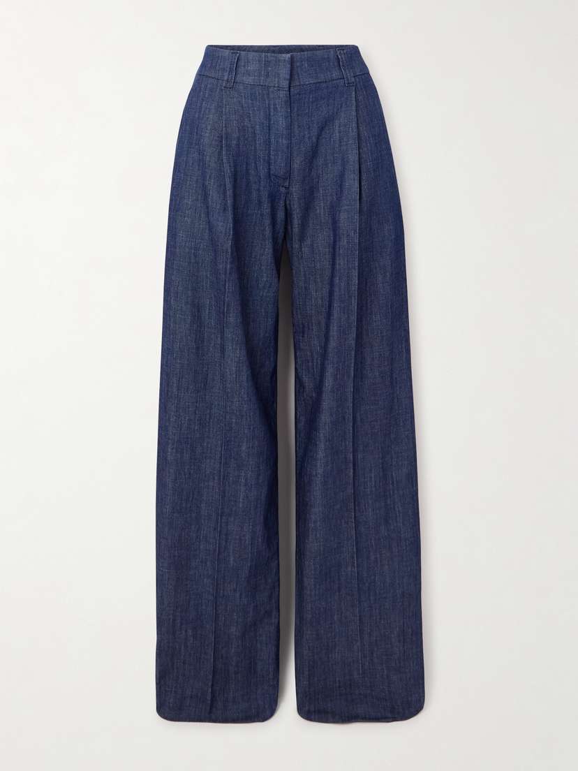 Another Tomorrow Pleated Organic Cotton-chambray Wide-leg Pants