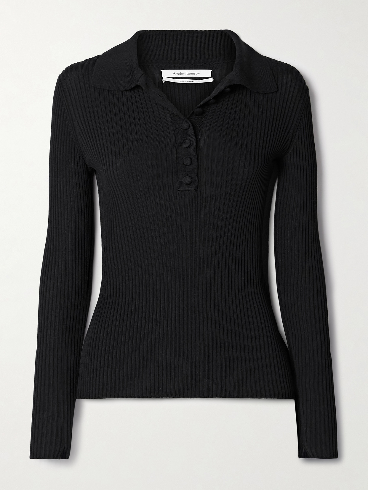 Another Tomorrow Ribbed-knit Polo Sweater In Black
