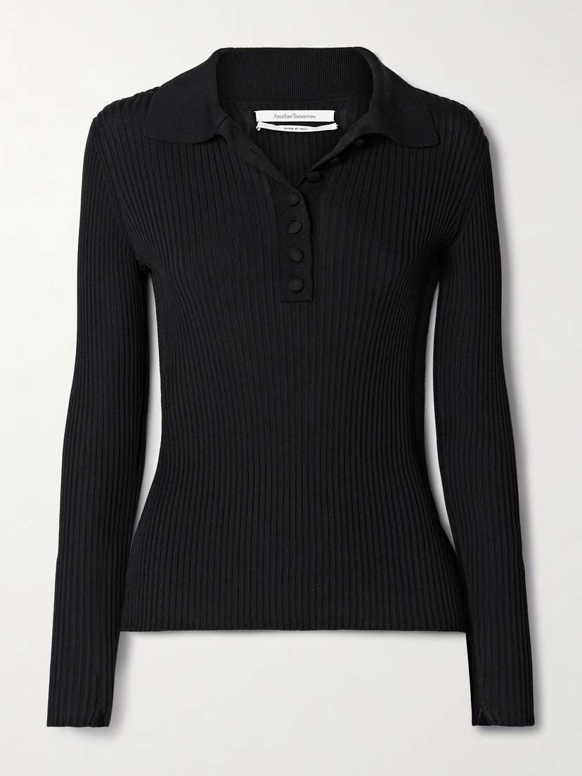 Another Tomorrow Ribbed-knit Polo Sweater
