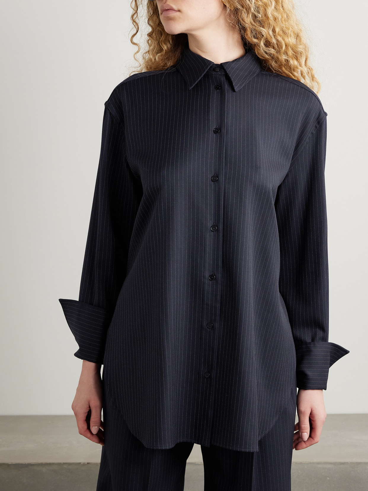 Another Tomorrow Pinstriped Wool-blend Shirt In Blue