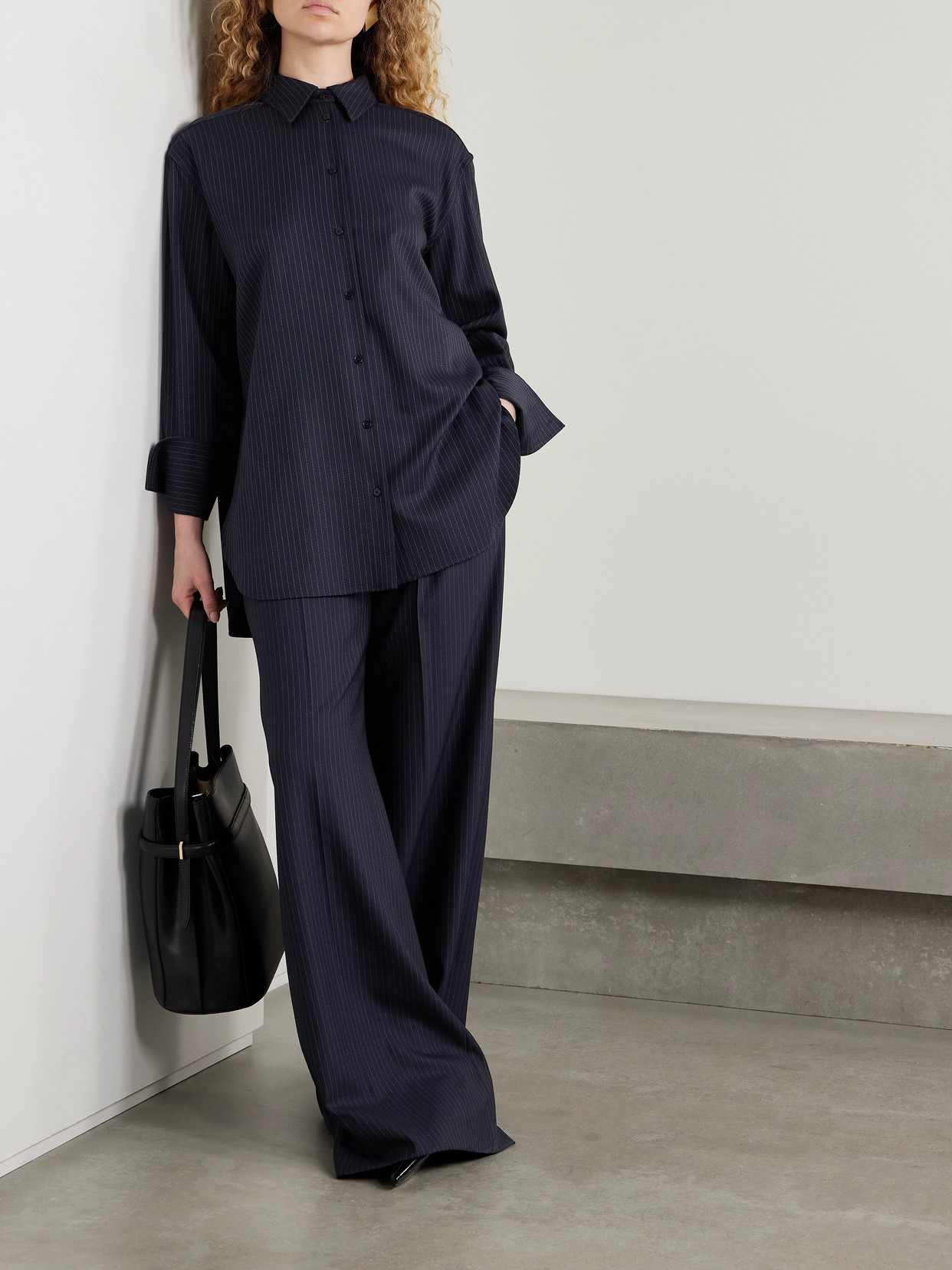 Another Tomorrow Pinstriped Wool-blend Shirt In Blue