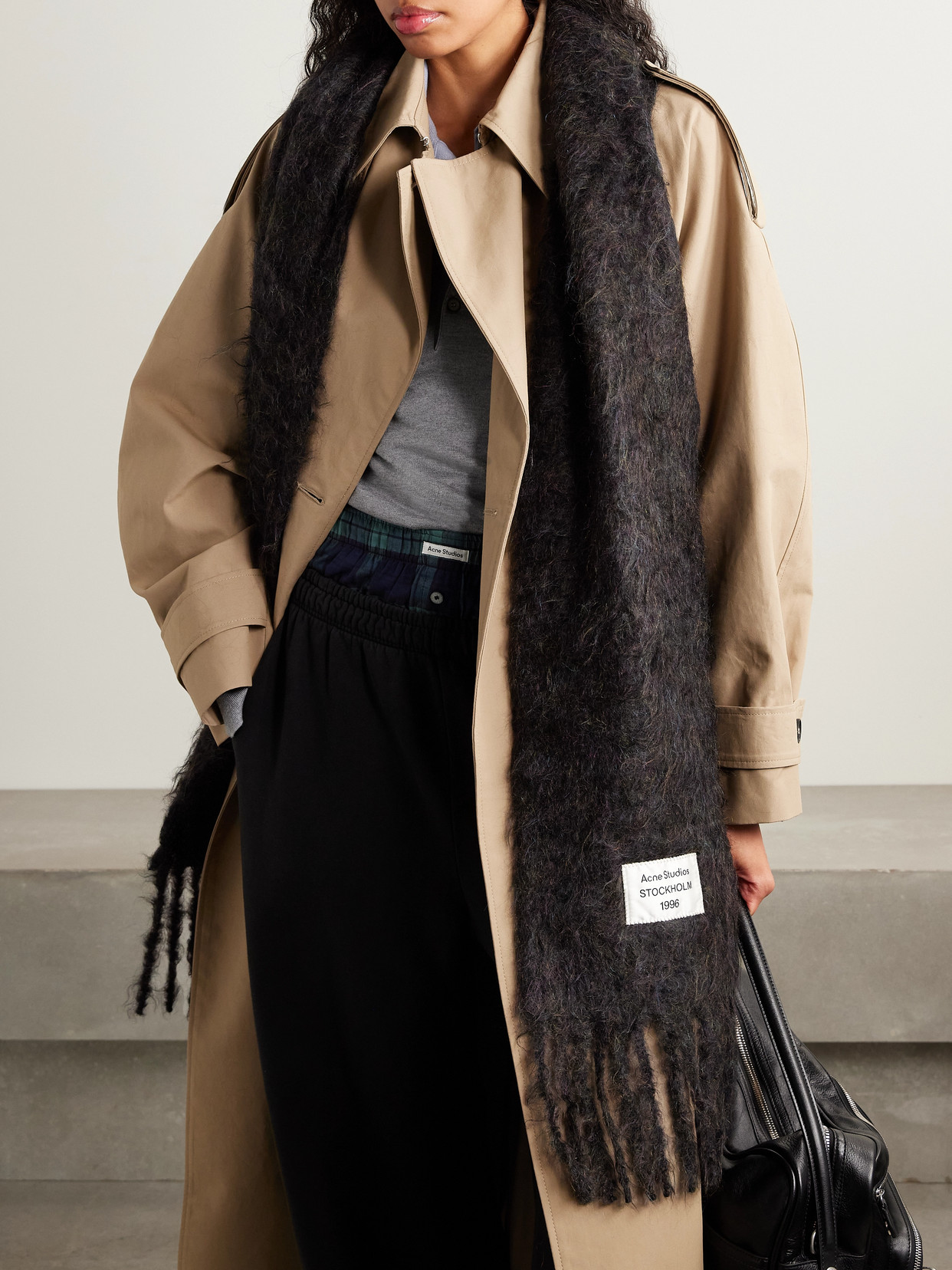 Acne Studios Appliquéd Fringed Brushed Mohair-blend Scarf In Black