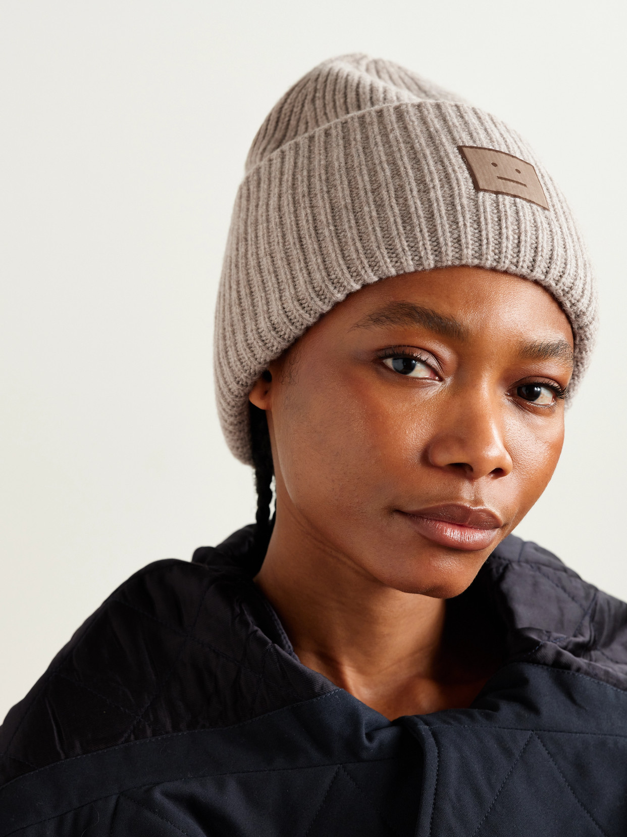 Acne Studios Appliquéd Ribbed Wool And Yak-blend Beanie In Neutral
