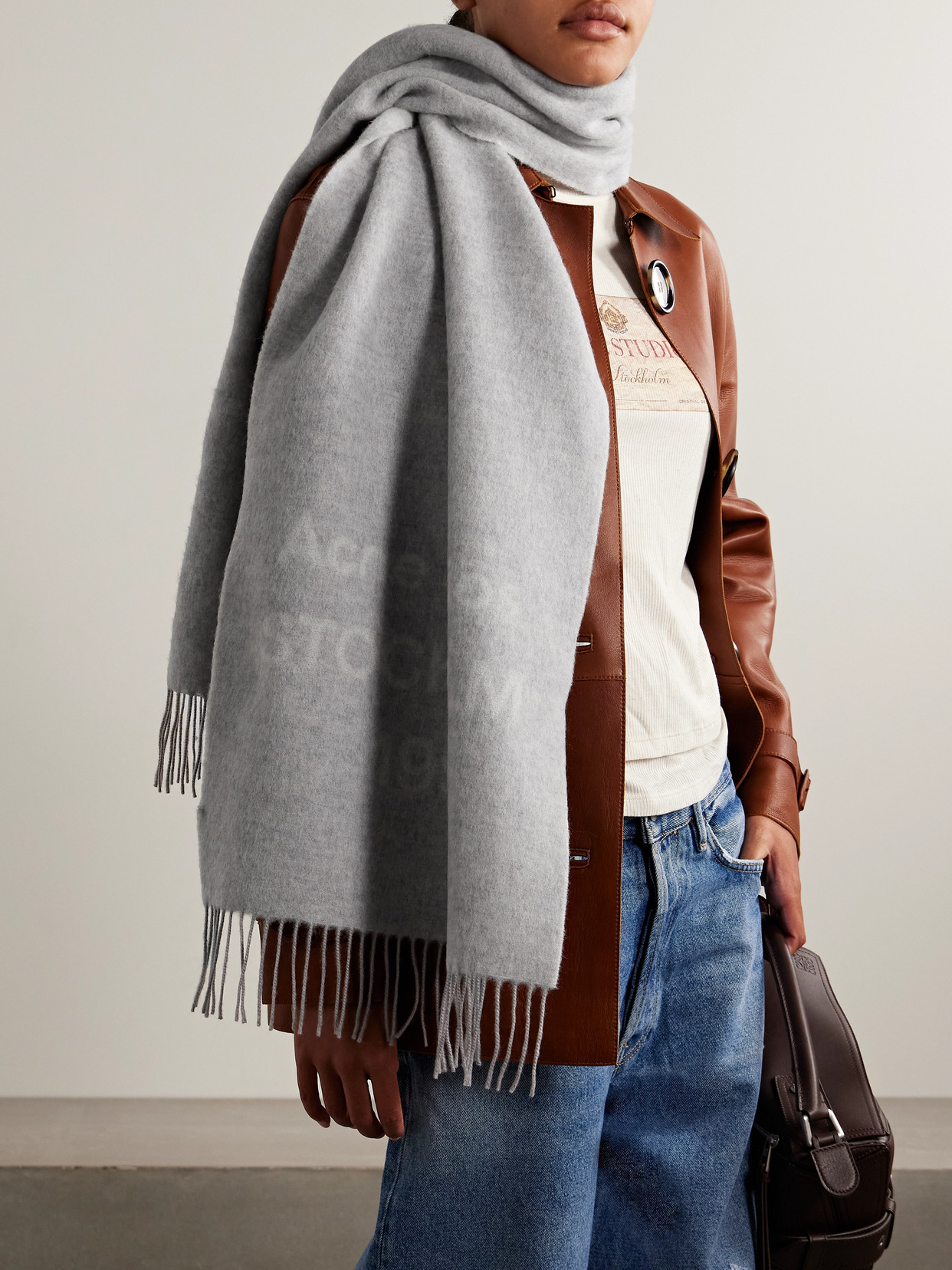 Acne Studios Fringed Wool-jacquard Scarf In Gray