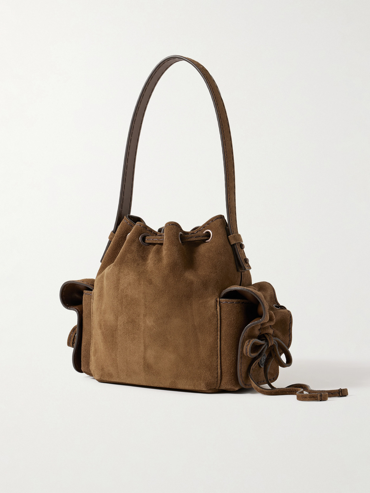 Acne Studios Womens Cognac Brown Multi-pocket Mini Suede Bucket Bag In Brown