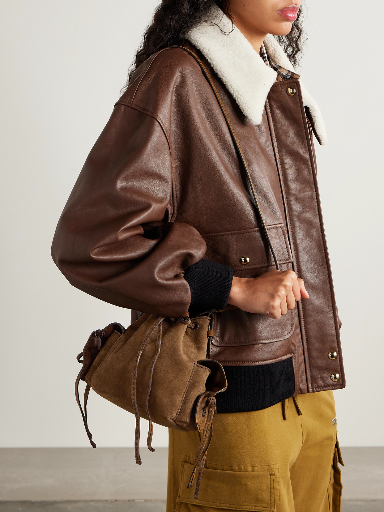 Acne Studios Womens Cognac Brown Multi-pocket Mini Suede Bucket Bag In Brown