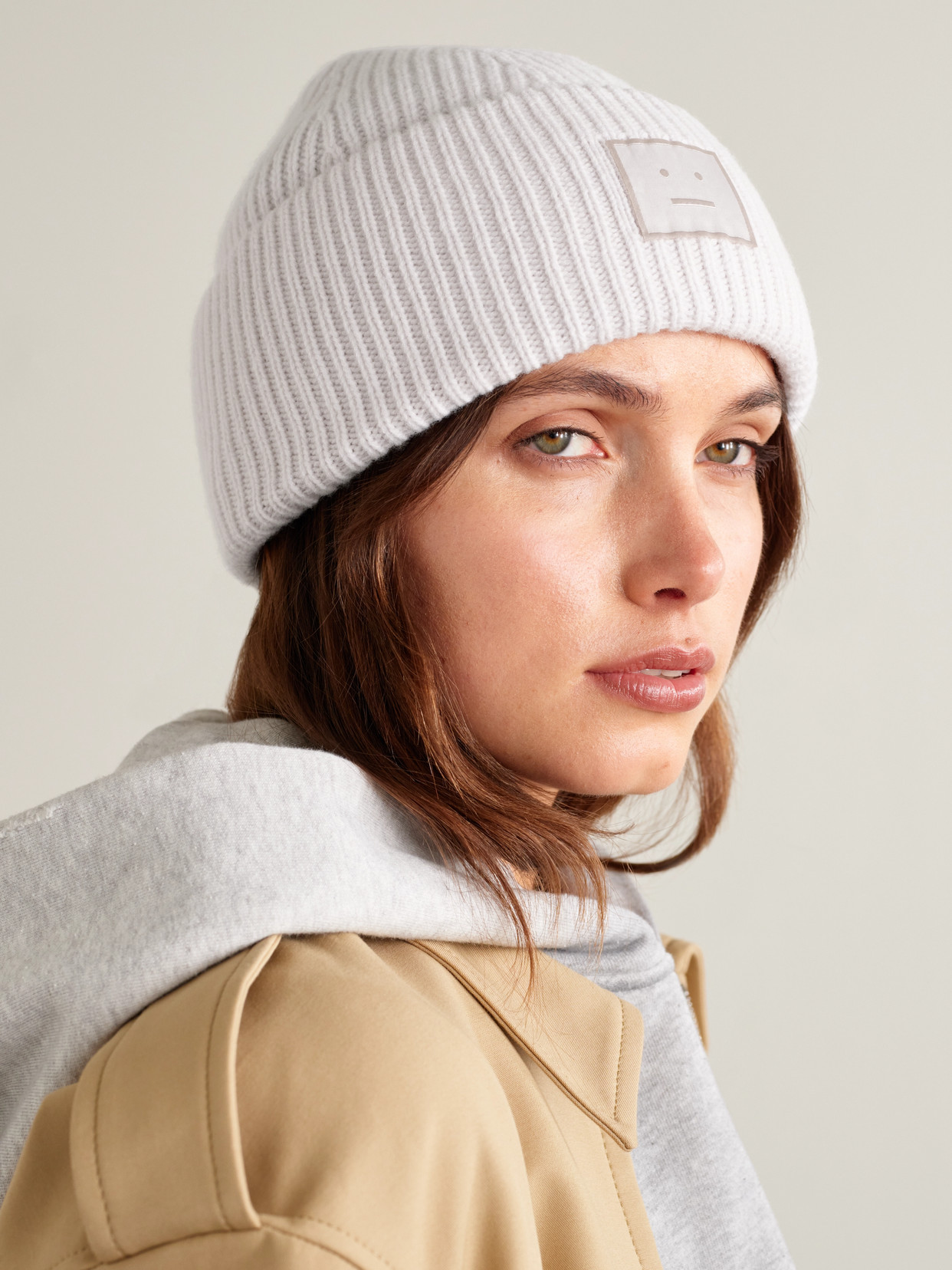 Acne Studios Appliquéd Ribbed Wool And Yak Hair-blend Beanie In Gray