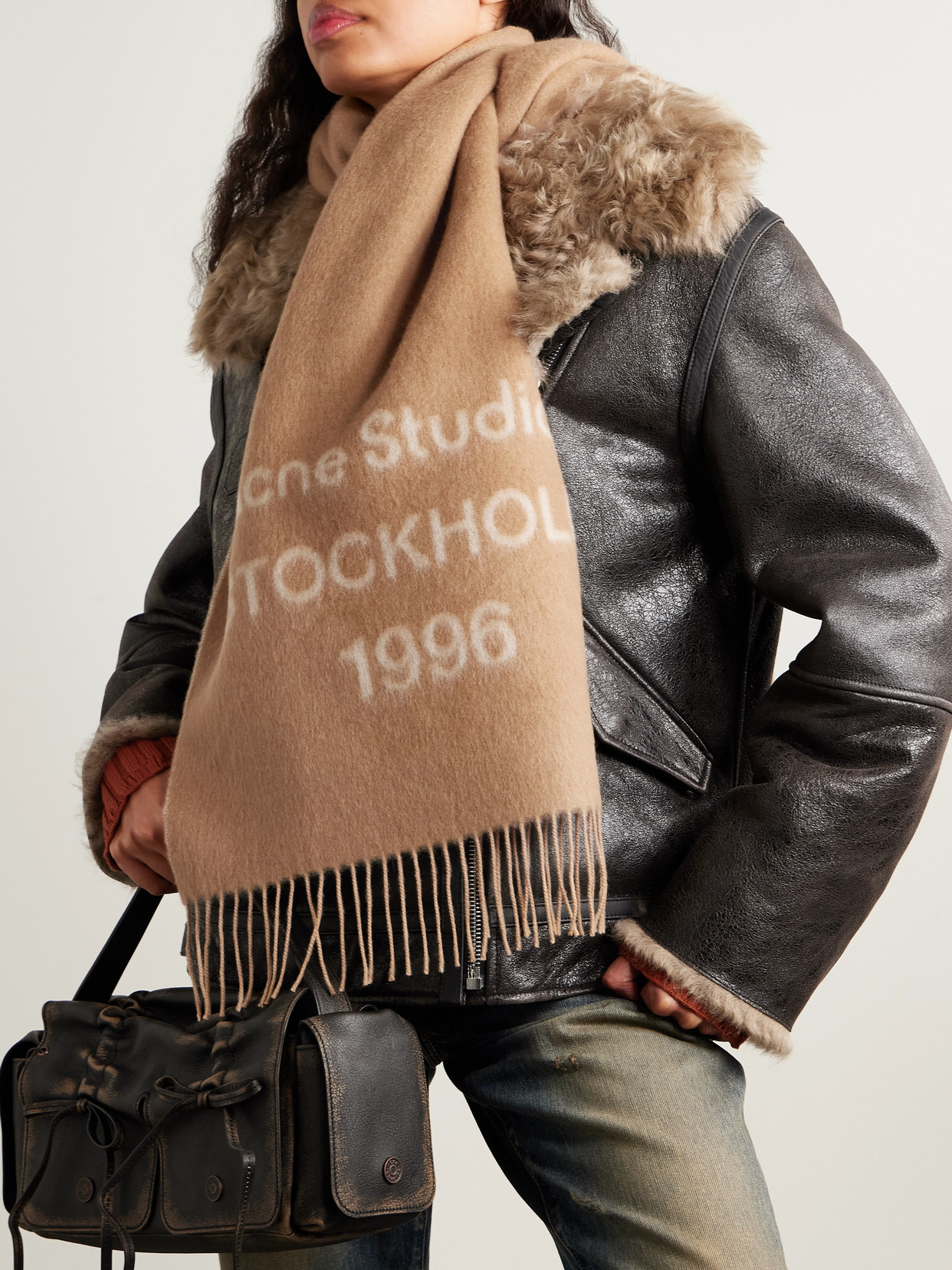 Acne Studios Fringed Wool-jacquard Scarf In Brown