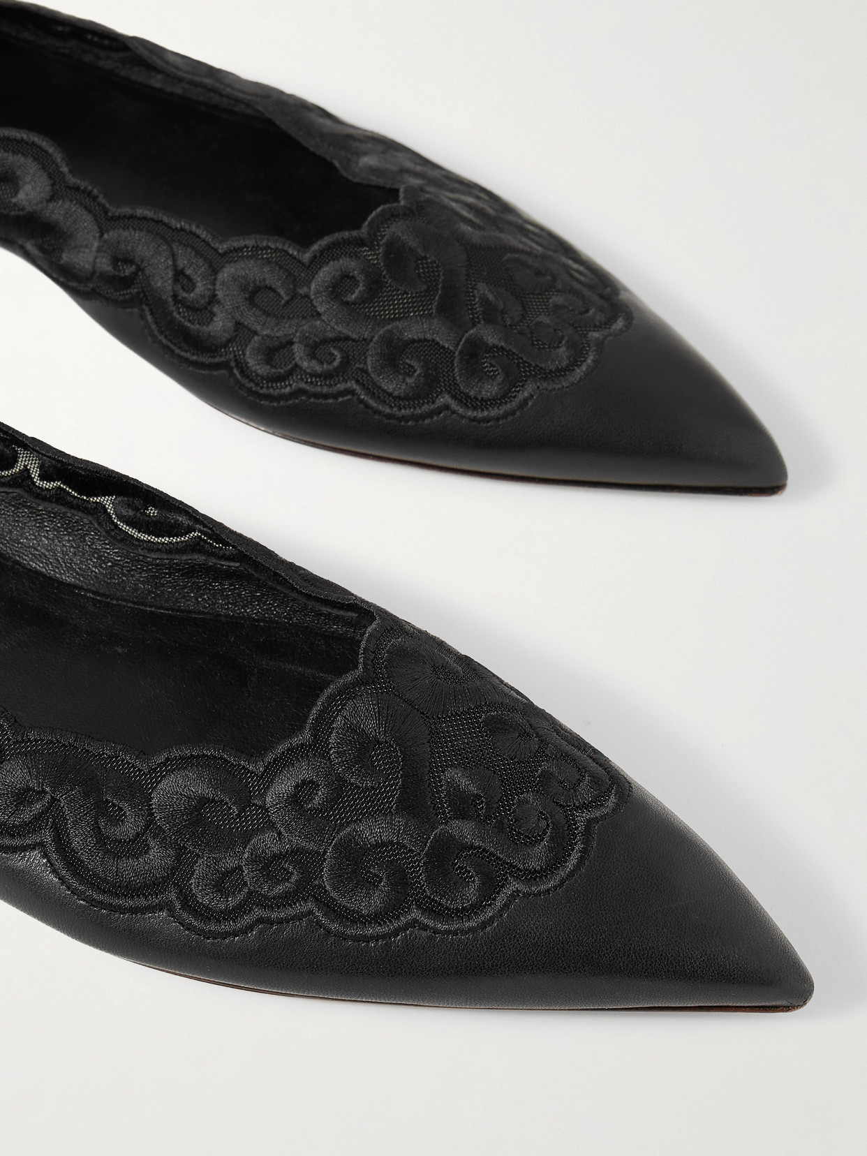Gabriela Hearst Ziva Leather And Embroidered Tulle Point-toe Flats In Black