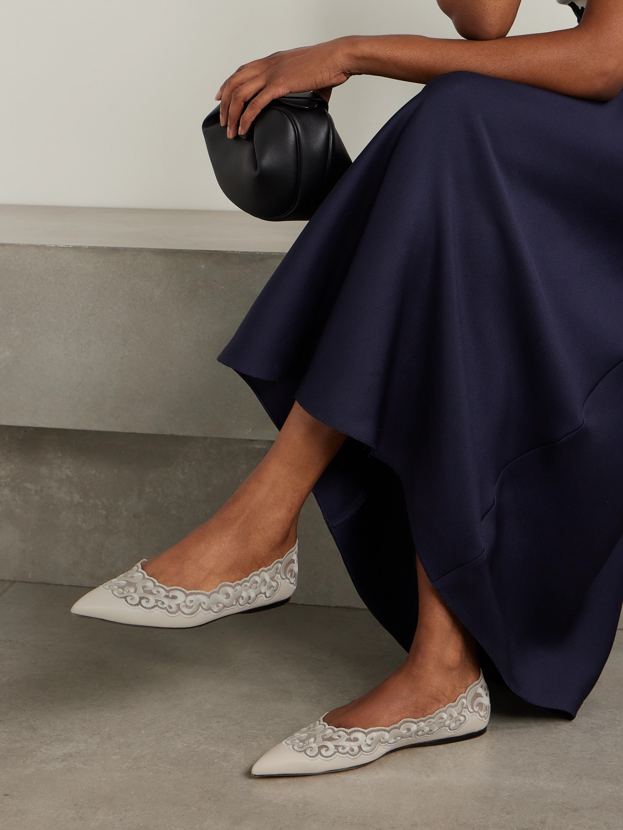 Gabriela Hearst Ziva Leather And Embroidered Tulle Point-toe Flats In White