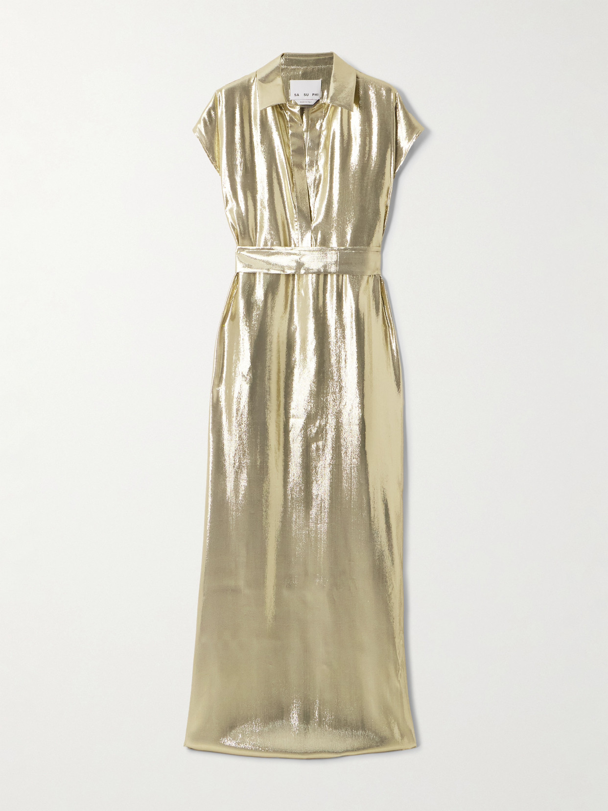 Sasuphi Francesca Belted Metallic Silk-blend Maxi Dress In Gold