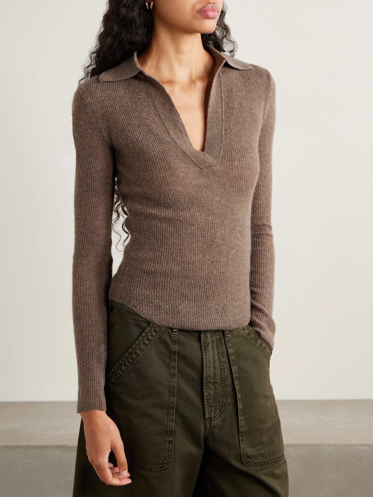 Citizen Of Humanity Simone Ribbed Wool And Cashmere-blend Polo Sweater In Brown