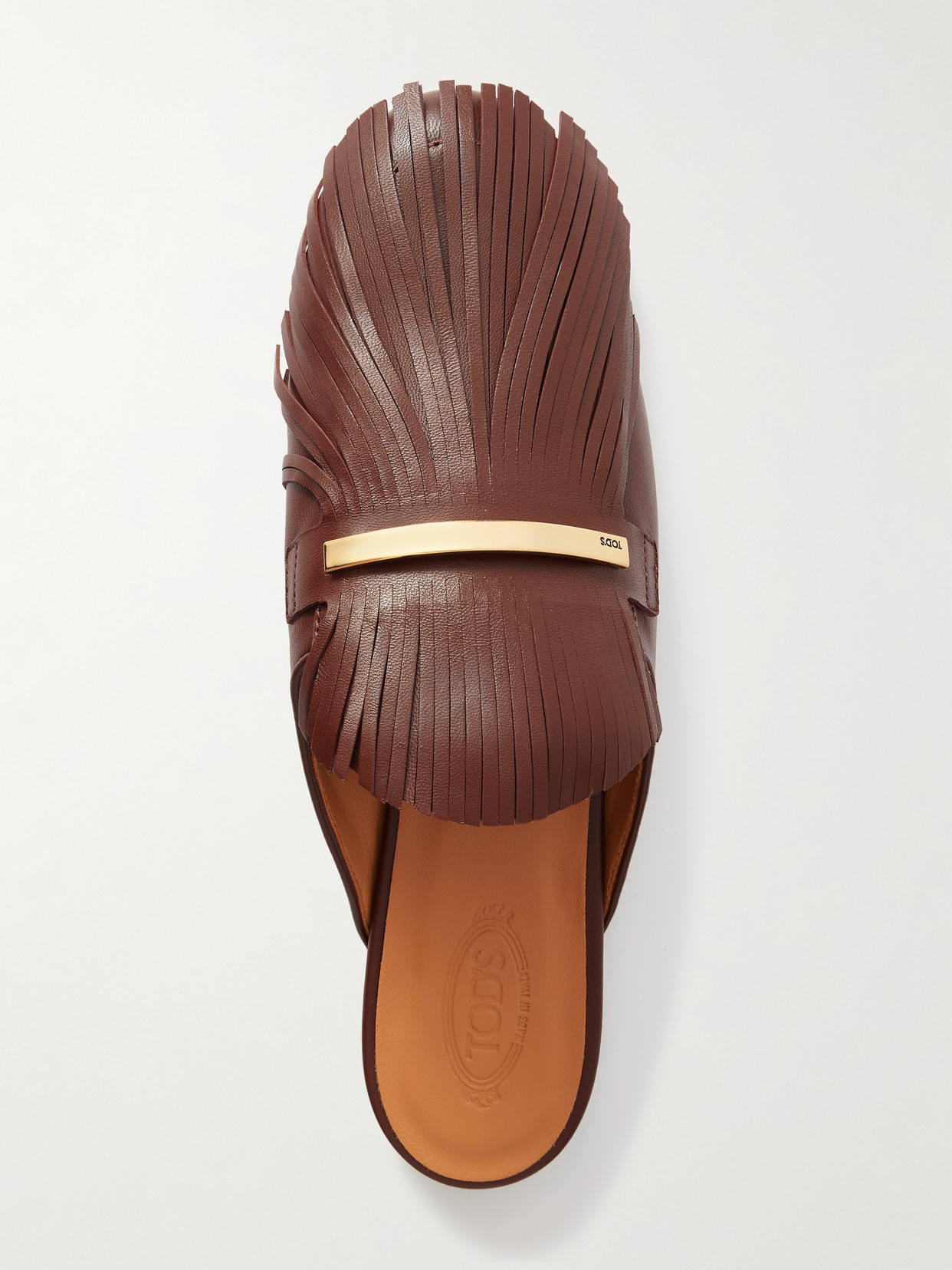 Tod's Embellished Fringed Leather Slippers In Brown