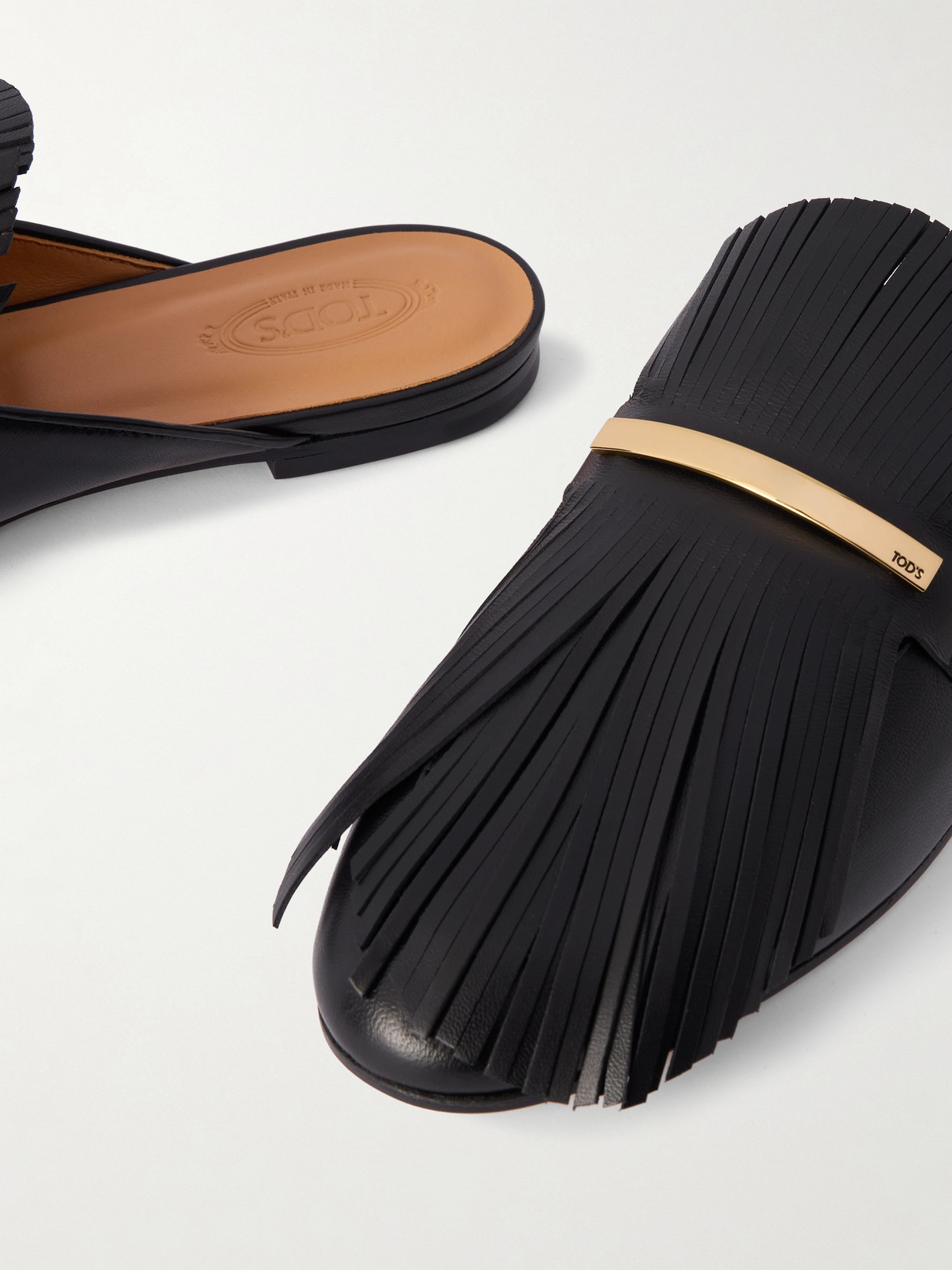 Tod's Embellished Fringed Leather Slippers In Black