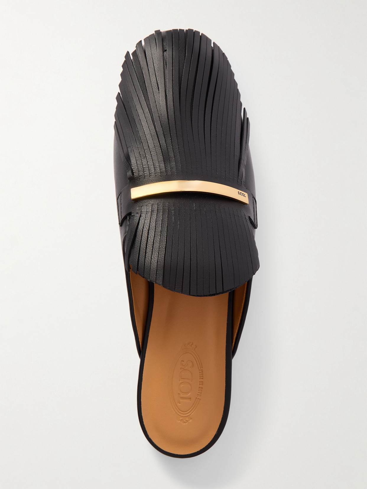 Tod's Embellished Fringed Leather Slippers In Black