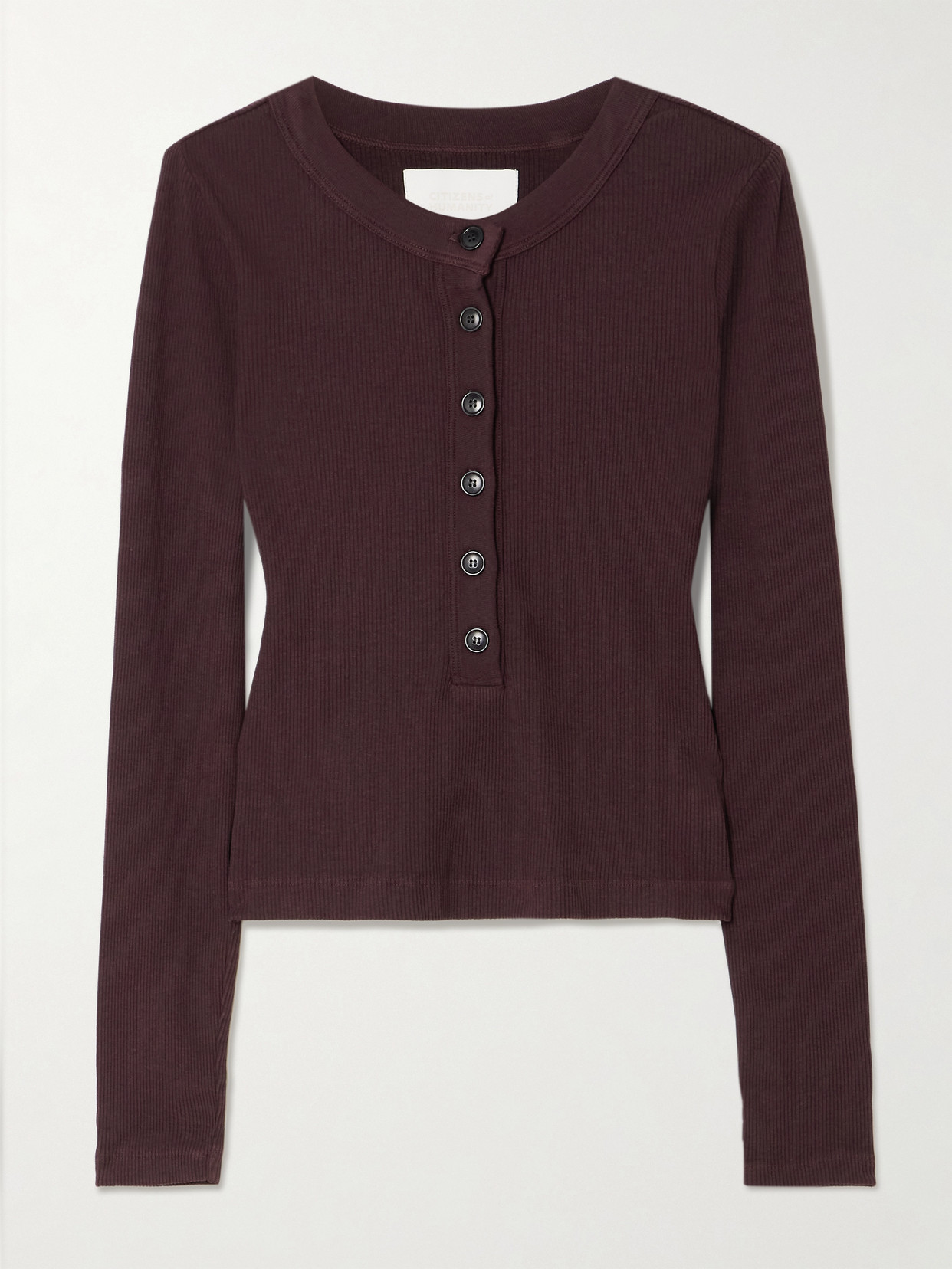 Citizen Of Humanity Varra Ribbed Stretch Cotton And Lyocell-blend Henley Top In Burgundy