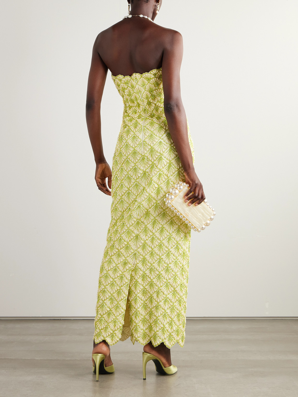 Clio Peppiatt Ariel Strapless Scalloped Embellished Satin Gown In Yellow