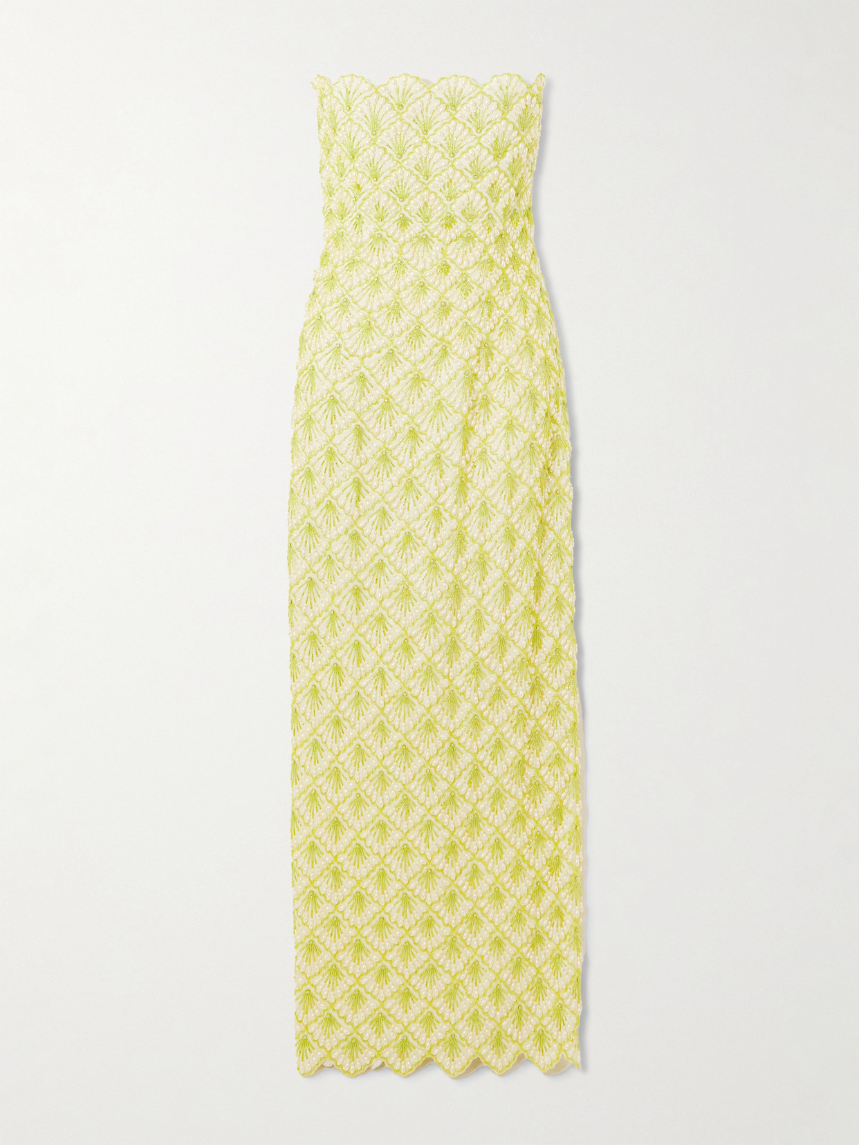 Clio Peppiatt Ariel Strapless Scalloped Embellished Satin Gown In Yellow