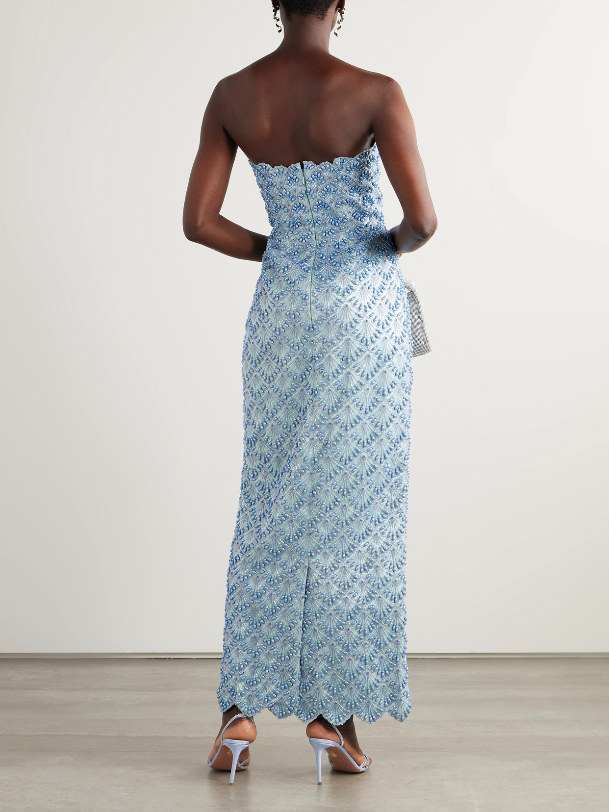 Clio Peppiatt Ariel Strapless Scalloped Embellished Satin Gown In Blue