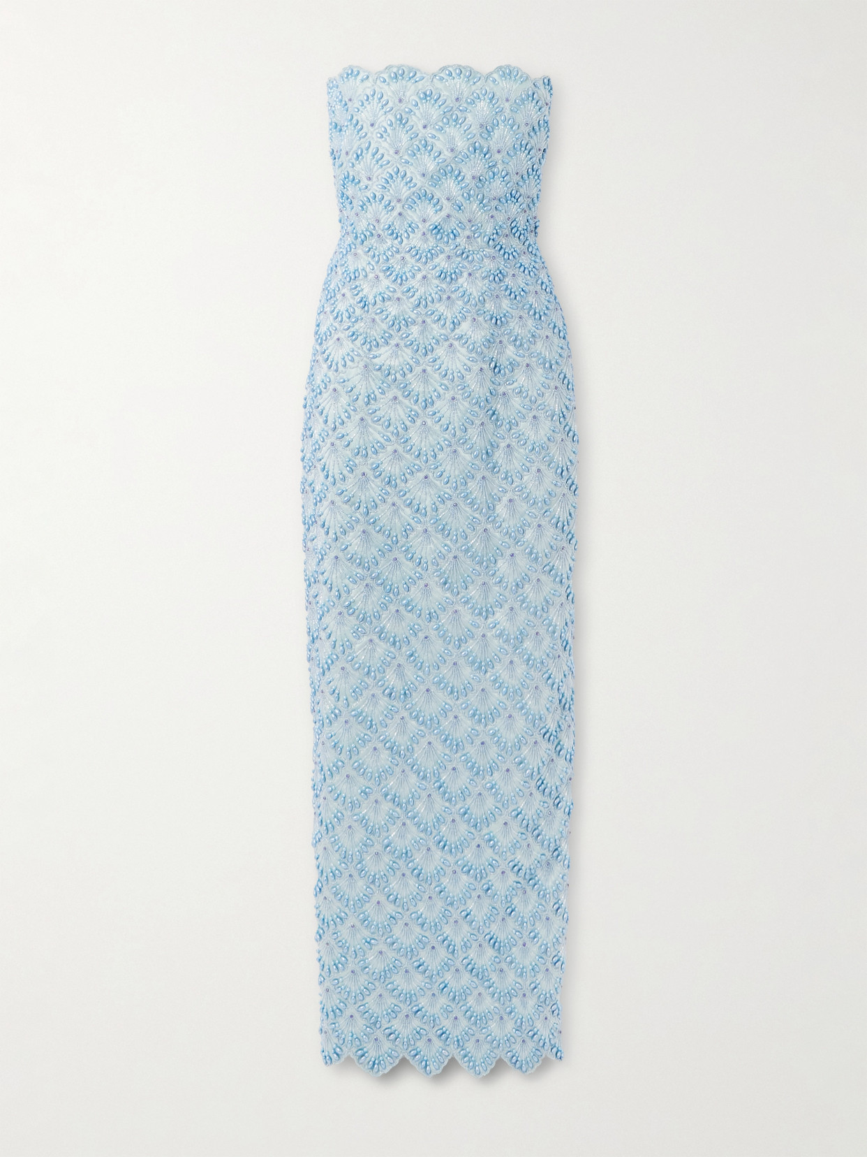Clio Peppiatt Ariel Strapless Scalloped Embellished Satin Gown In Blue