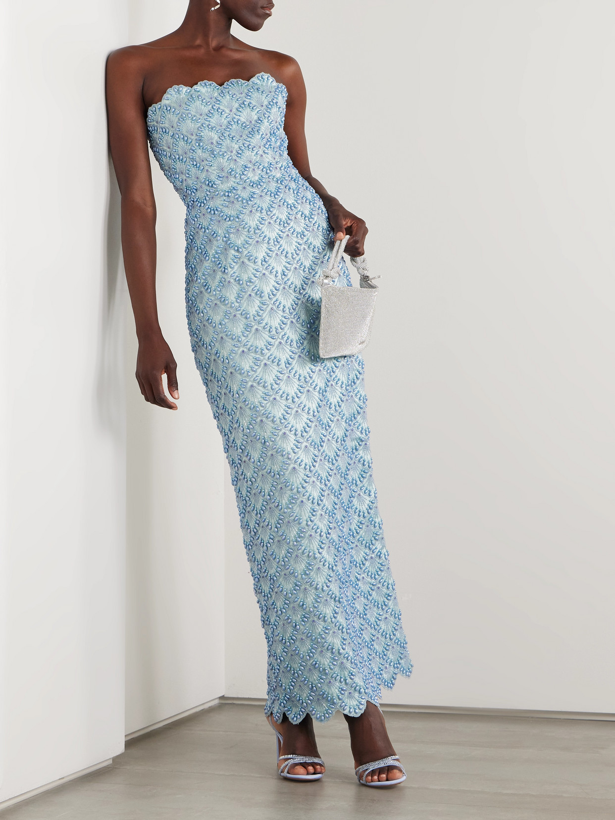 Clio Peppiatt Ariel Strapless Scalloped Embellished Satin Gown In Blue