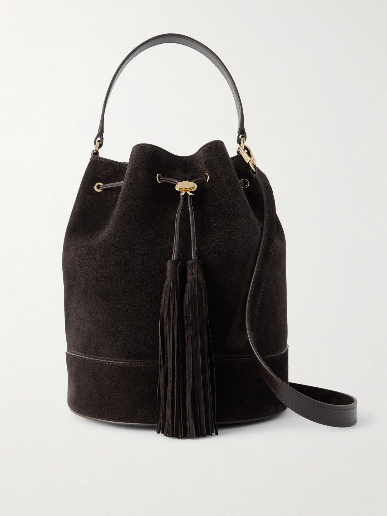 Gianvito Rossi Sienna Tasseled Leather-trimmed Suede Bucket Bag In Brown