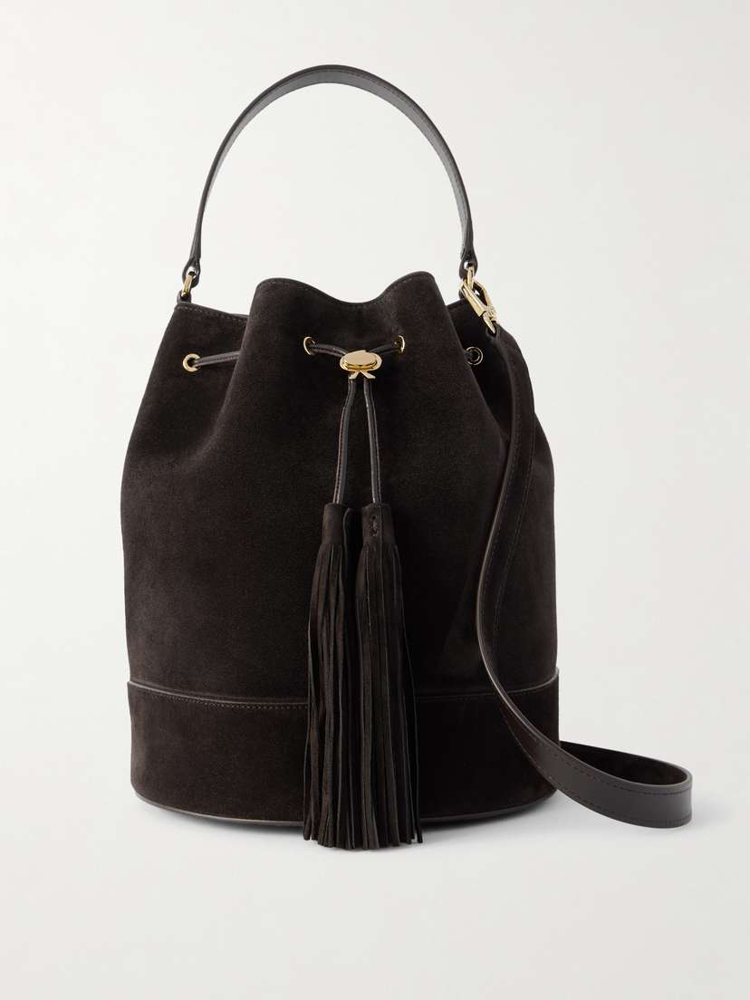 Gianvito Rossi Sienna Tasseled Leather-trimmed Suede Bucket Bag