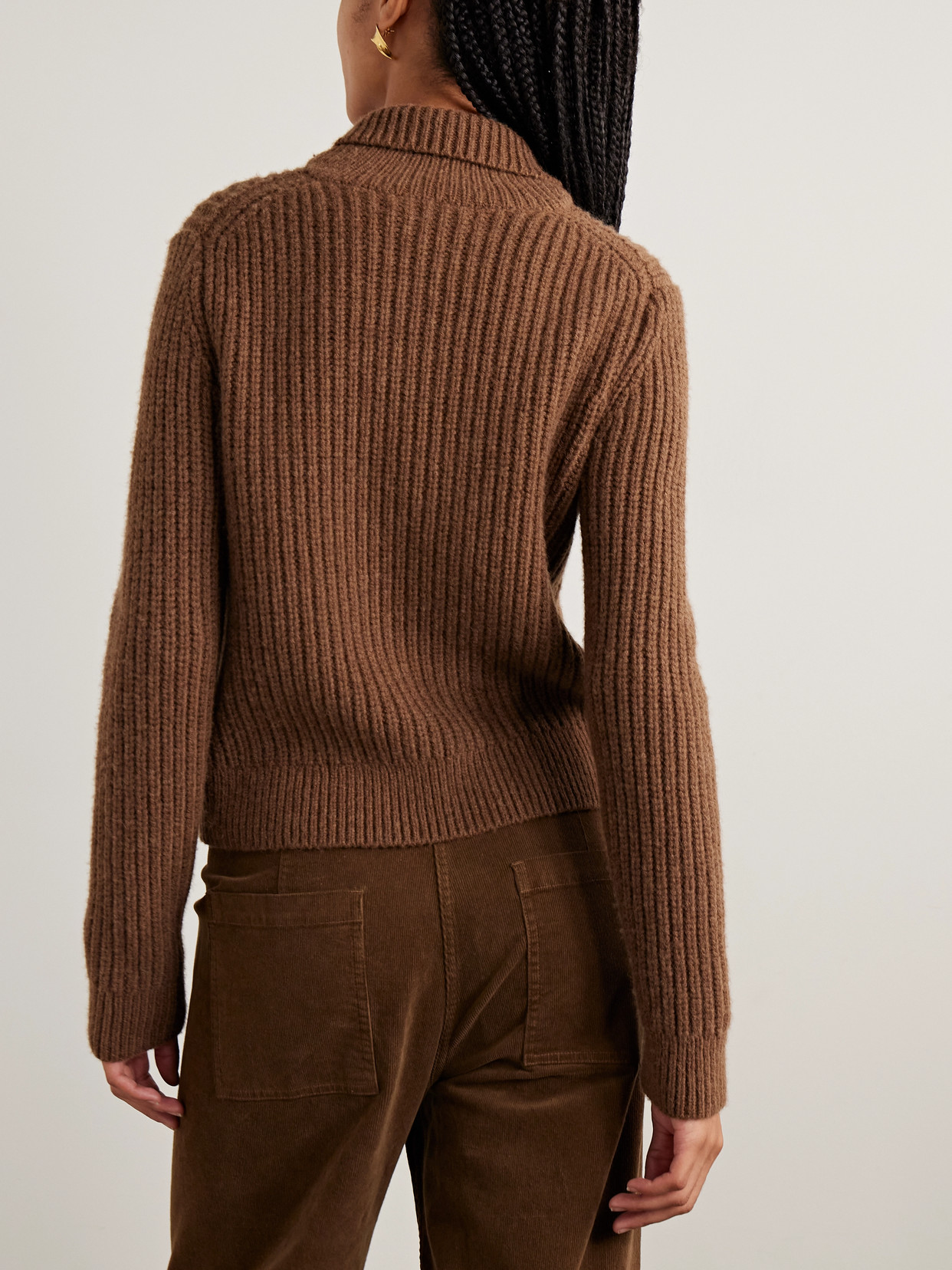 Nili Lotan Tessen Ribbed-knit Merino Wool-blend Cardigan In Brown