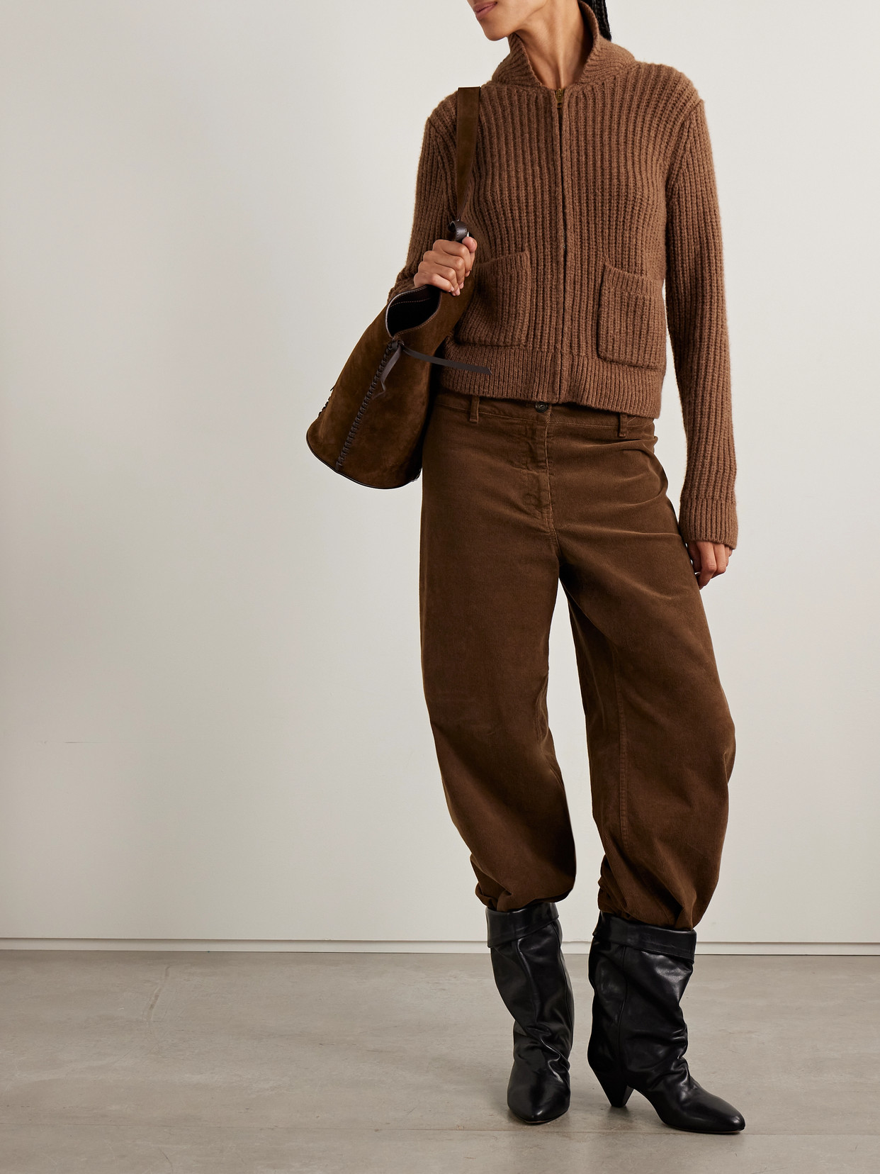 Nili Lotan Tessen Ribbed-knit Merino Wool-blend Cardigan In Brown